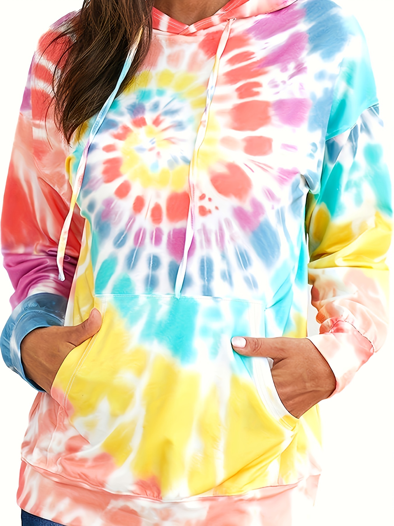 plus size casual sweatshirt womens plus tie dye long sleeve drawstring hoodie with pockets details 0