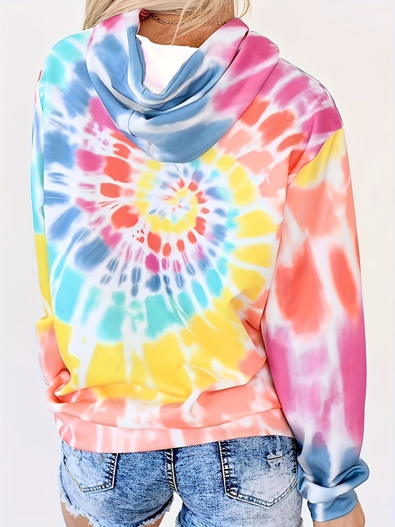 plus size casual sweatshirt womens plus tie dye long sleeve drawstring hoodie with pockets details 1