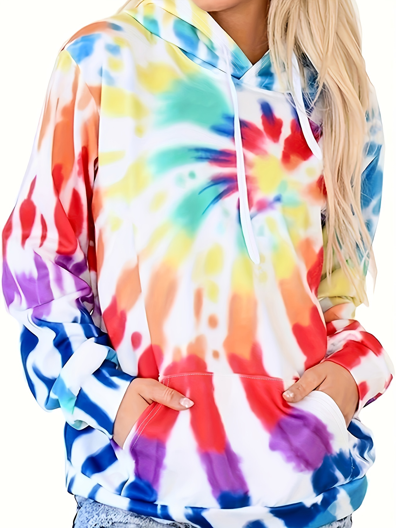 plus size casual sweatshirt womens plus tie dye long sleeve drawstring hoodie with pockets details 2