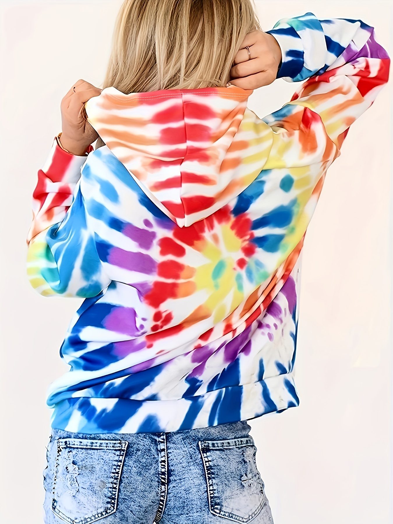 plus size casual sweatshirt womens plus tie dye long sleeve drawstring hoodie with pockets details 3