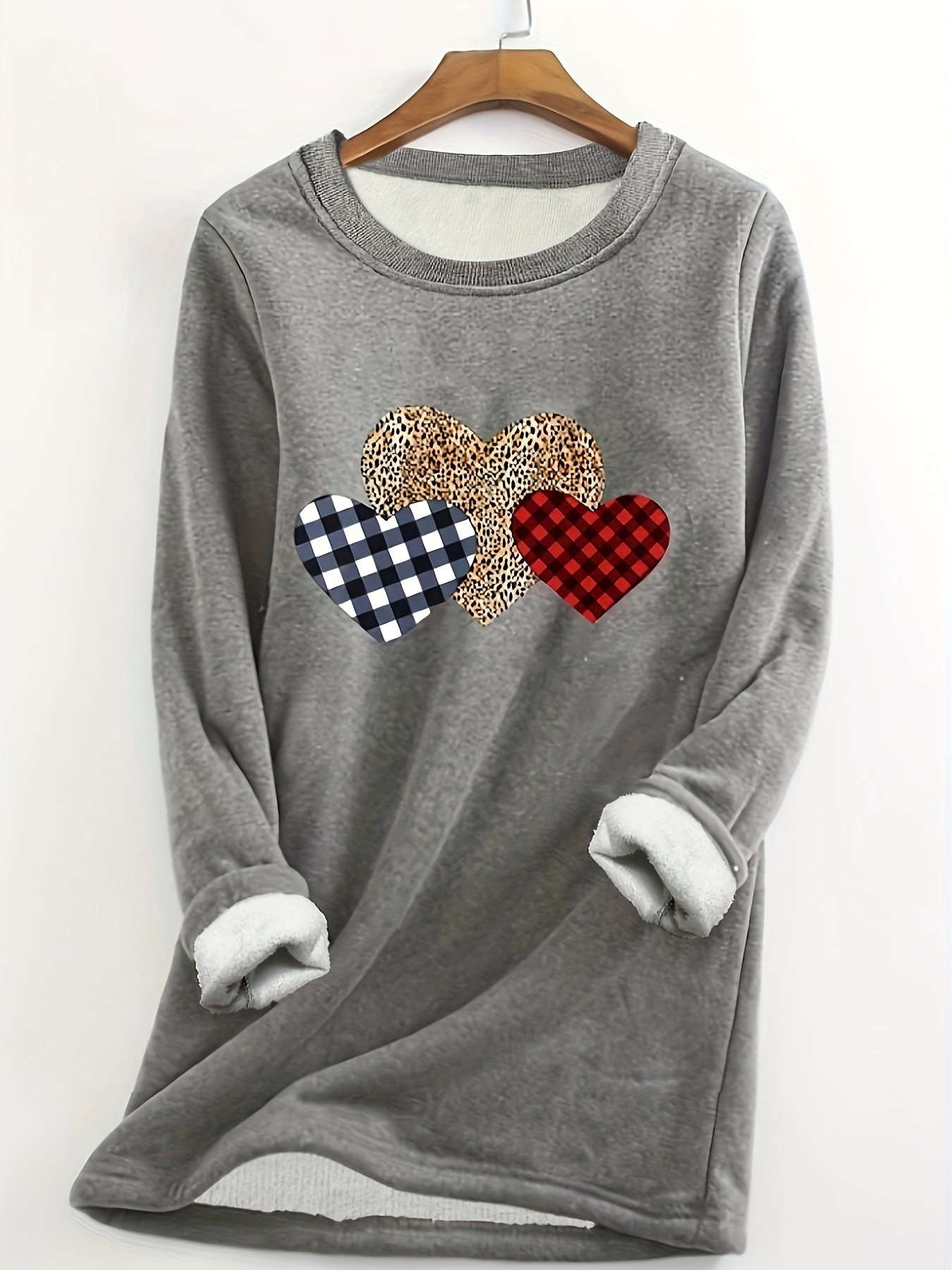 plus size casual sweatshirt womens plus plaid leopard heart print fleece long sleeve round neck medium stretch pullover top details 1