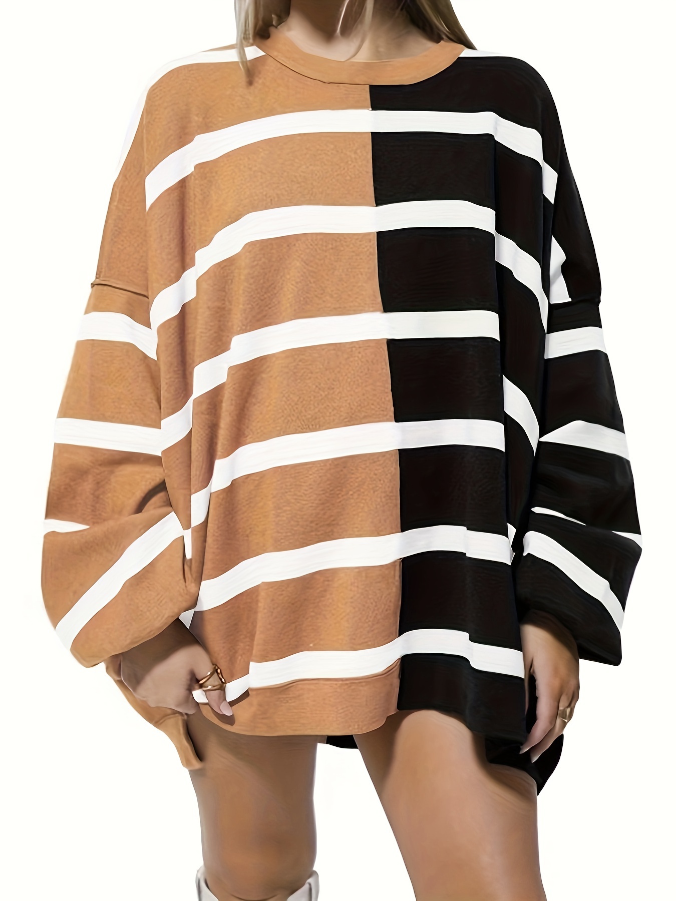 womens casual sweatshirt plus size colorblock striped long sleeve drop shoulder round neck pullover top details 1