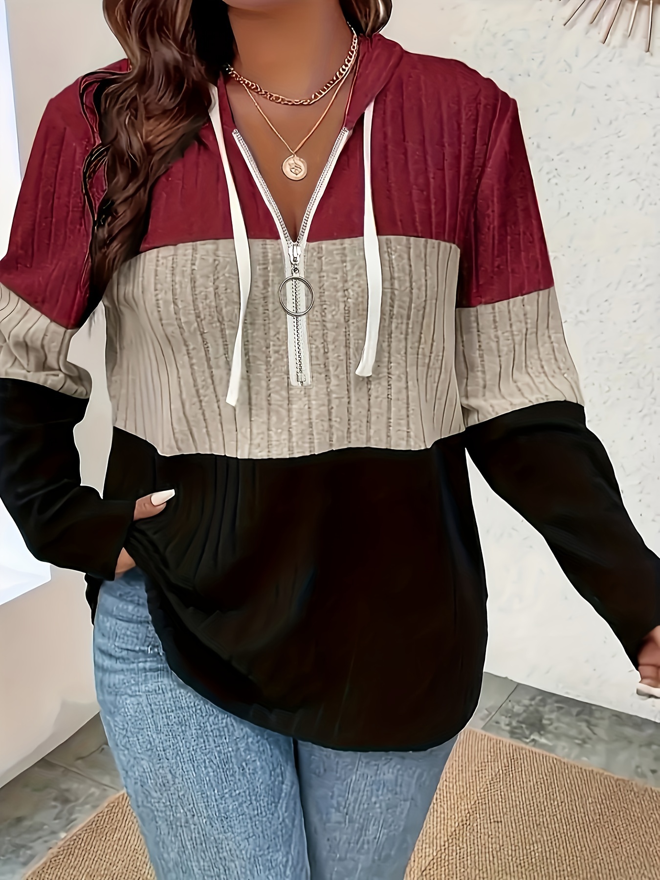 plus size color block drawstring hoodie casual ribbed zip front long sleeve sweatshirt womens plus size clothing details 6