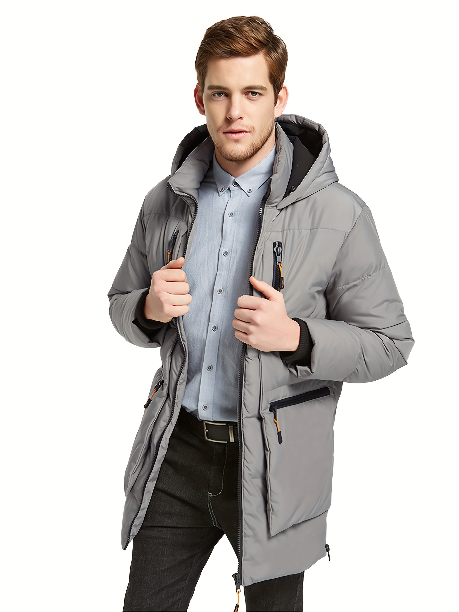 mens thickened down jacket hooded winter coats with 6 pockets details 0