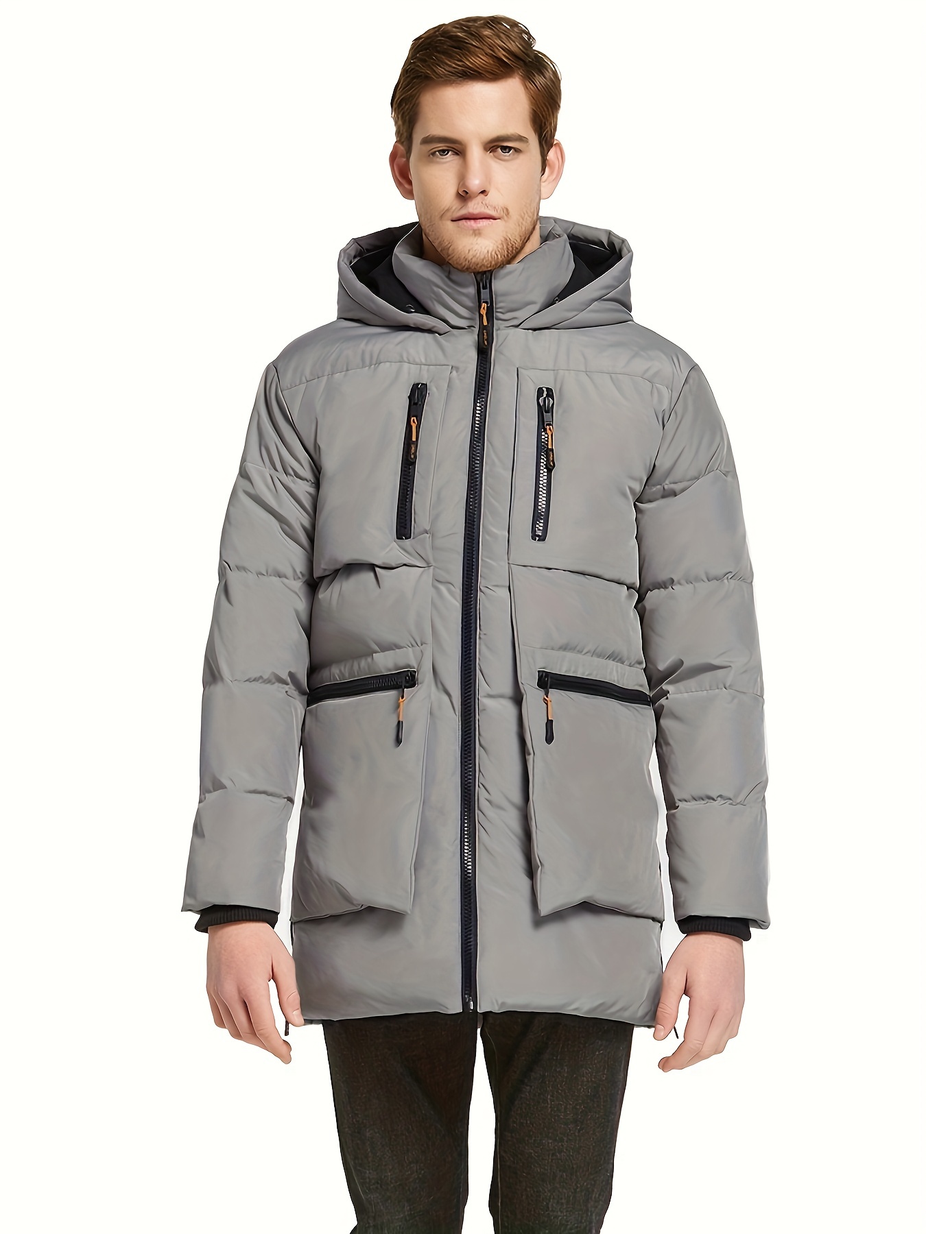 mens thickened down jacket hooded winter coats with 6 pockets details 1