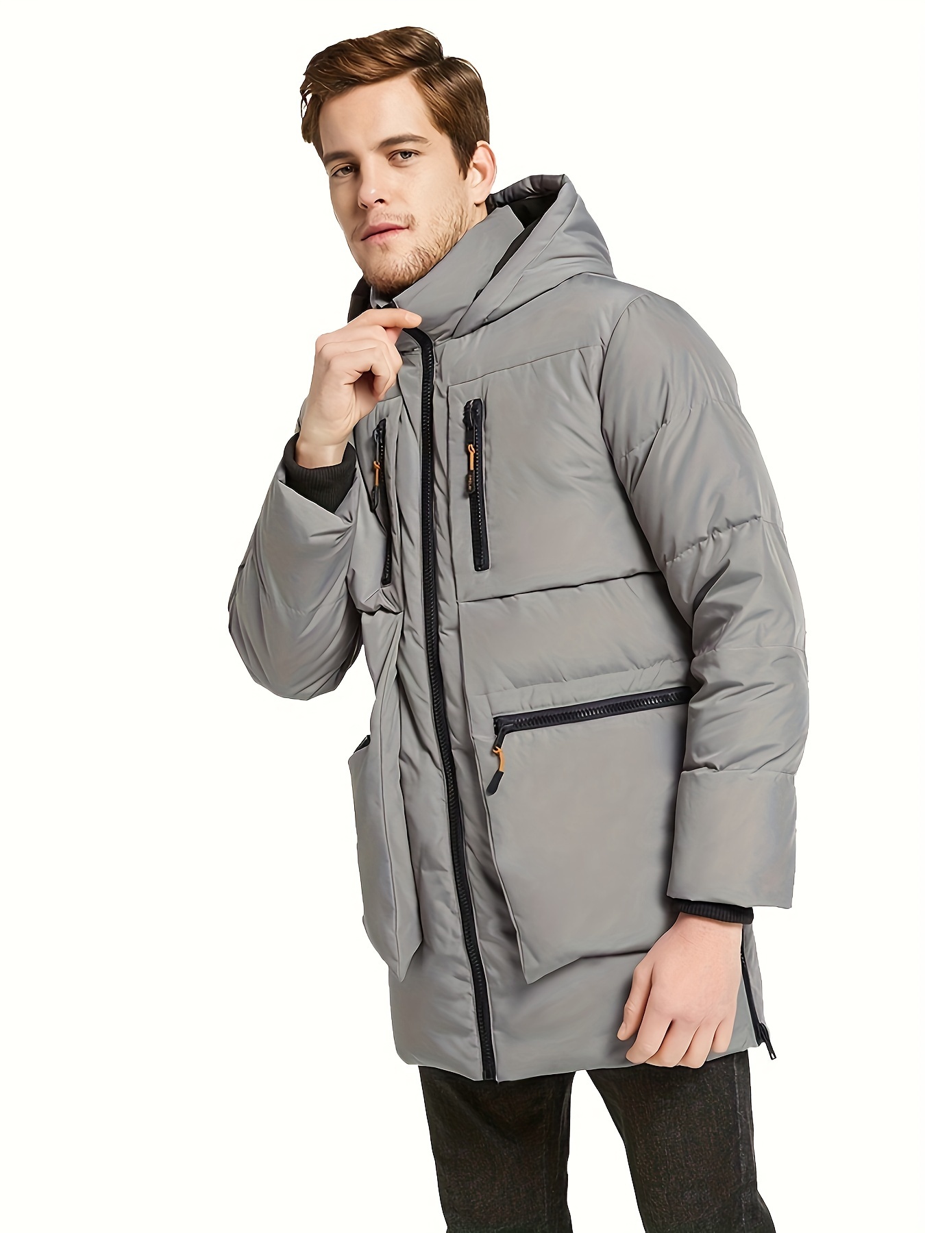 mens thickened down jacket hooded winter coats with 6 pockets details 2