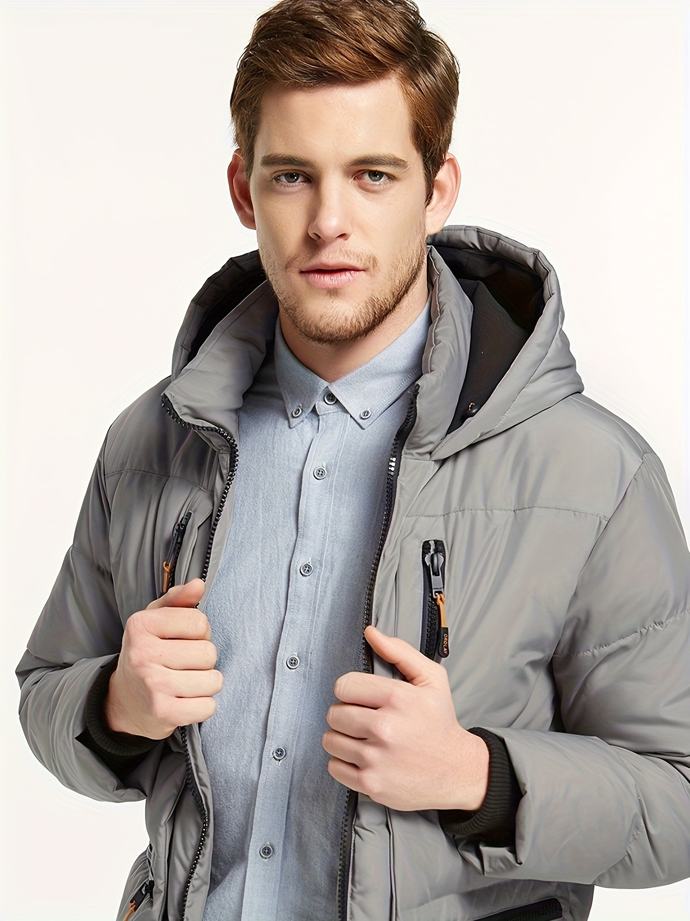 mens thickened down jacket hooded winter coats with 6 pockets details 3