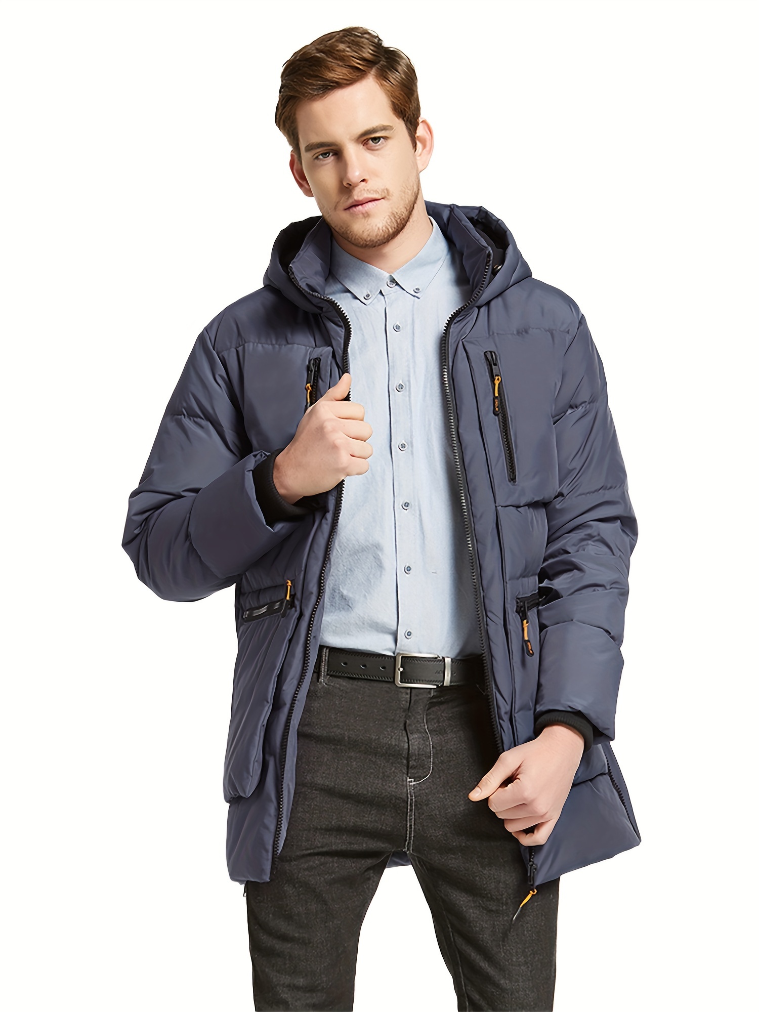 mens thickened down jacket hooded winter coats with 6 pockets details 5