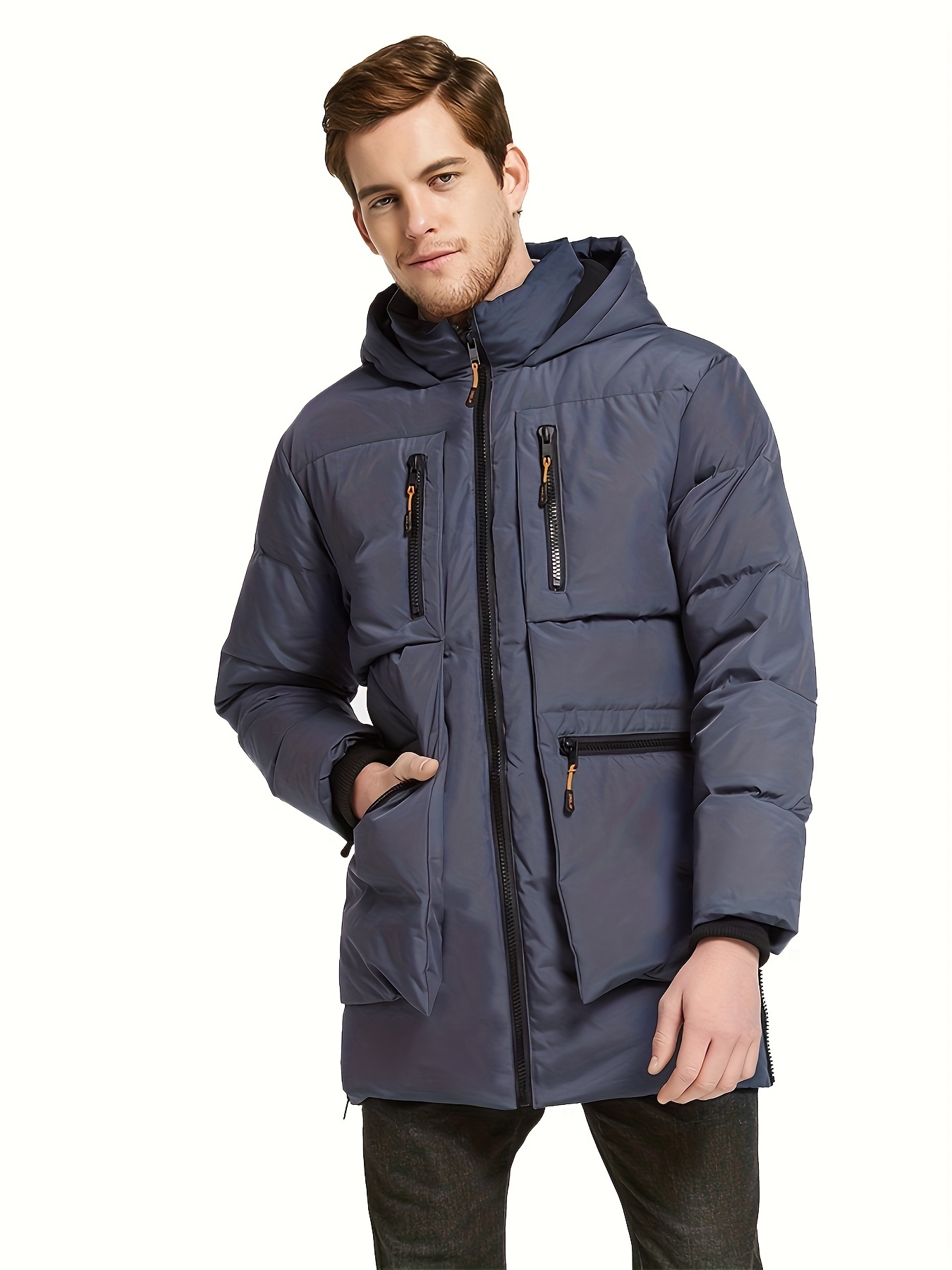 mens thickened down jacket hooded winter coats with 6 pockets details 6