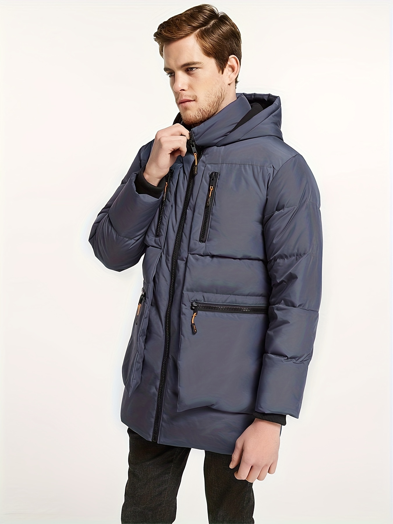 mens thickened down jacket hooded winter coats with 6 pockets details 9