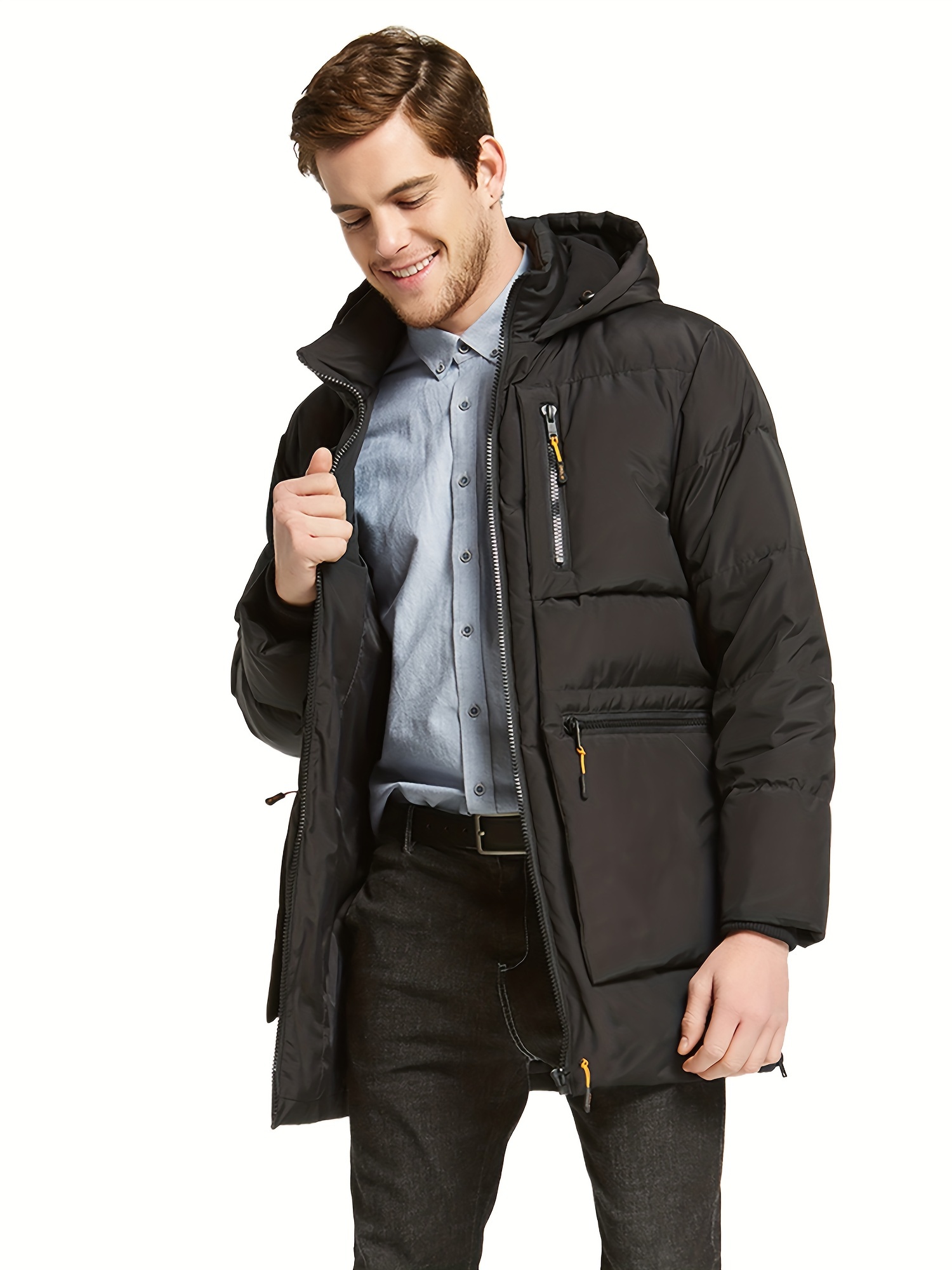 mens thickened down jacket hooded winter coats with 6 pockets details 13