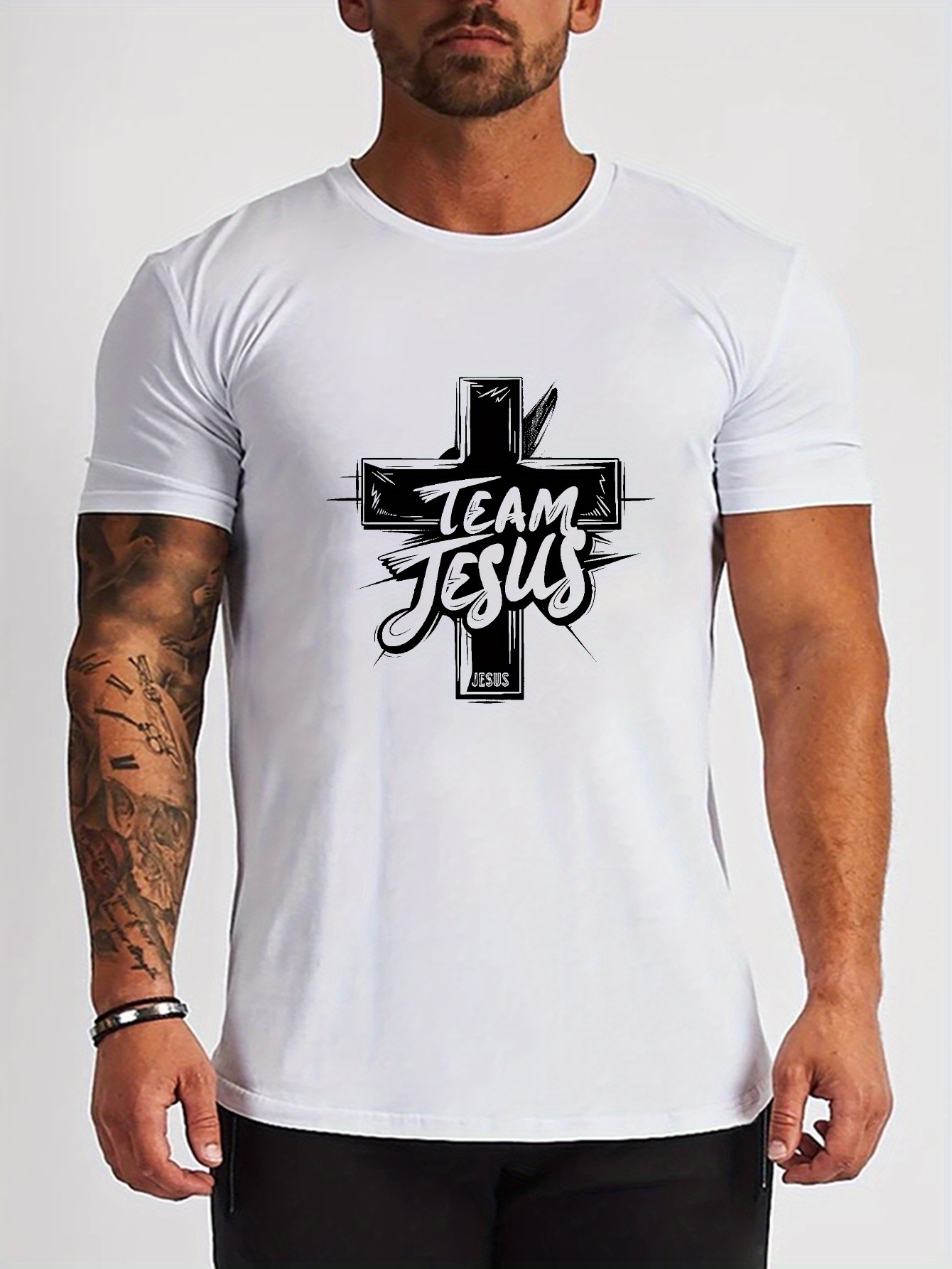 plus size mens cross letters graphic print casual outdoor t shirt for big tall guys details 16