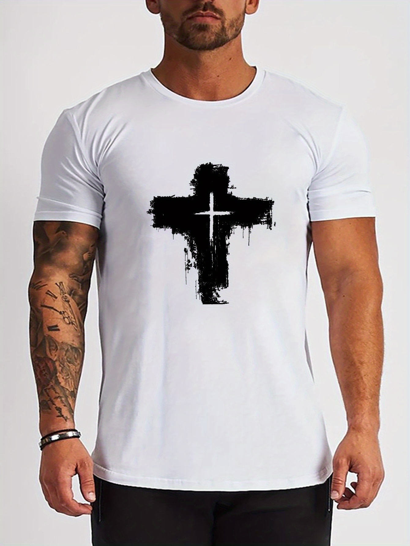 plus size mens cross graphic print casual outdoor t shirt for big tall guys details 5