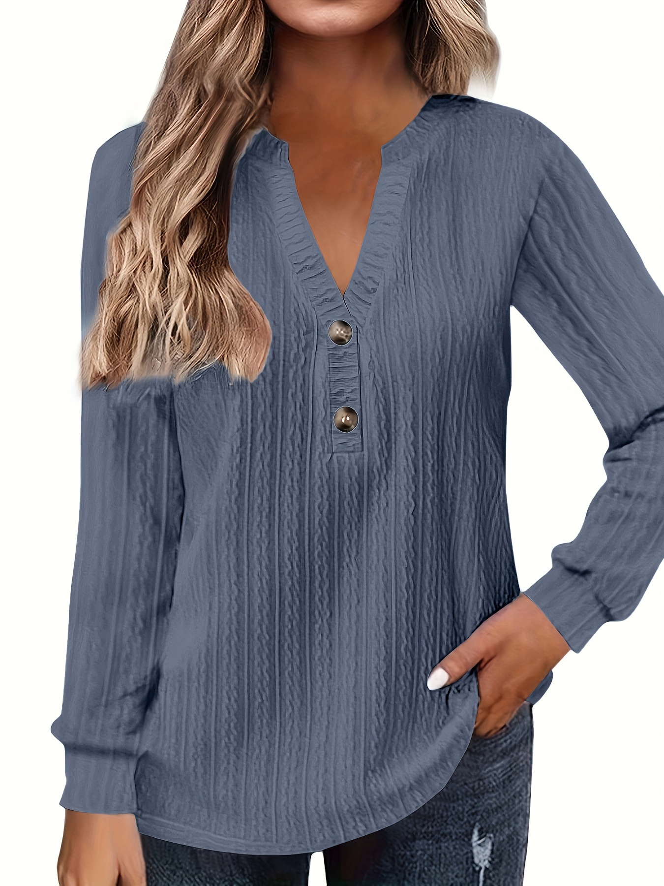 plus size casual top womens plus solid cable long sleeve button decor v neck slight stretch top details 0