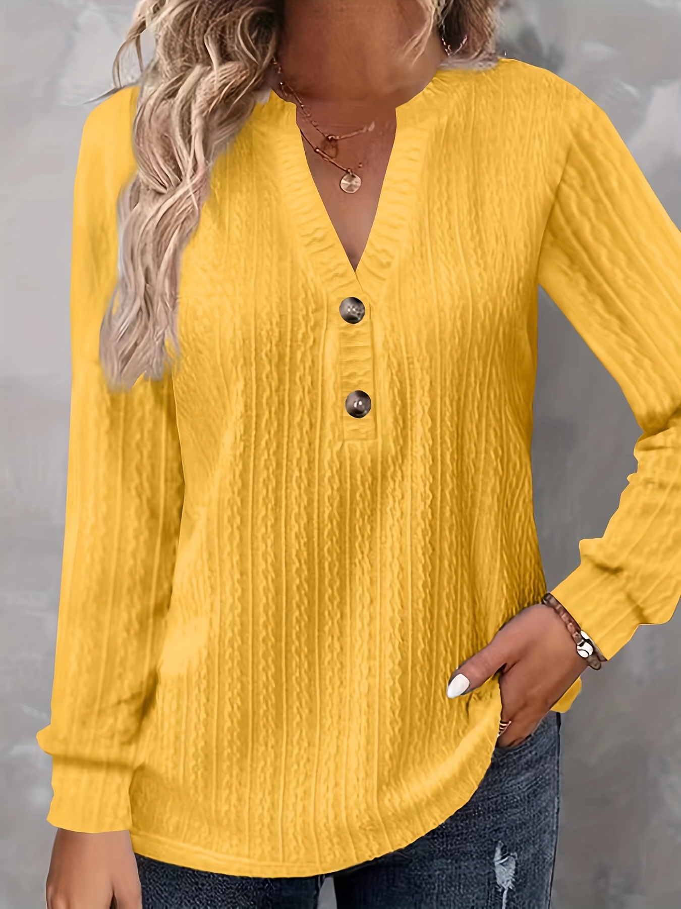 plus size casual top womens plus solid cable long sleeve button decor v neck slight stretch top details 3