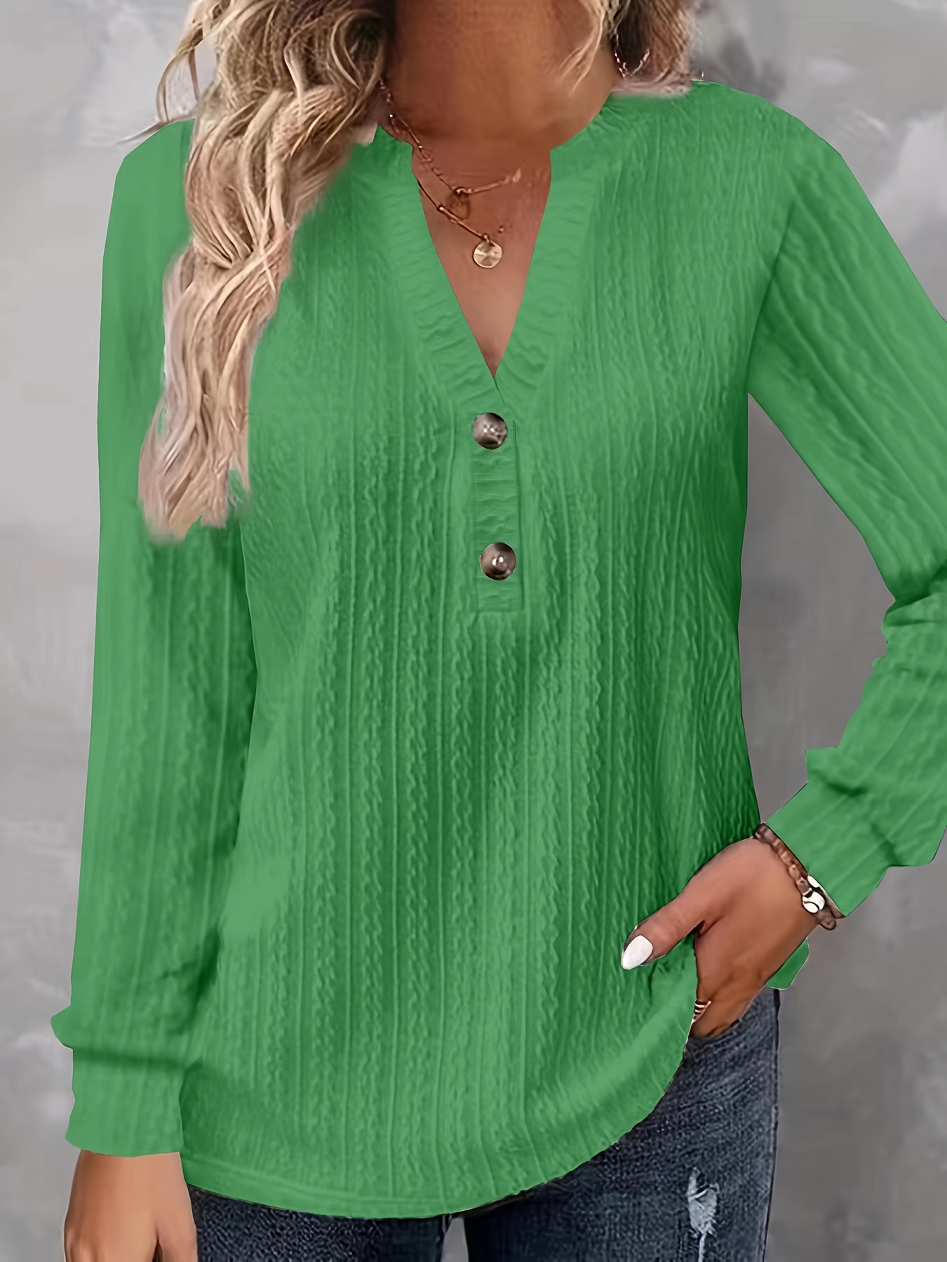 plus size casual top womens plus solid cable long sleeve button decor v neck slight stretch top details 6