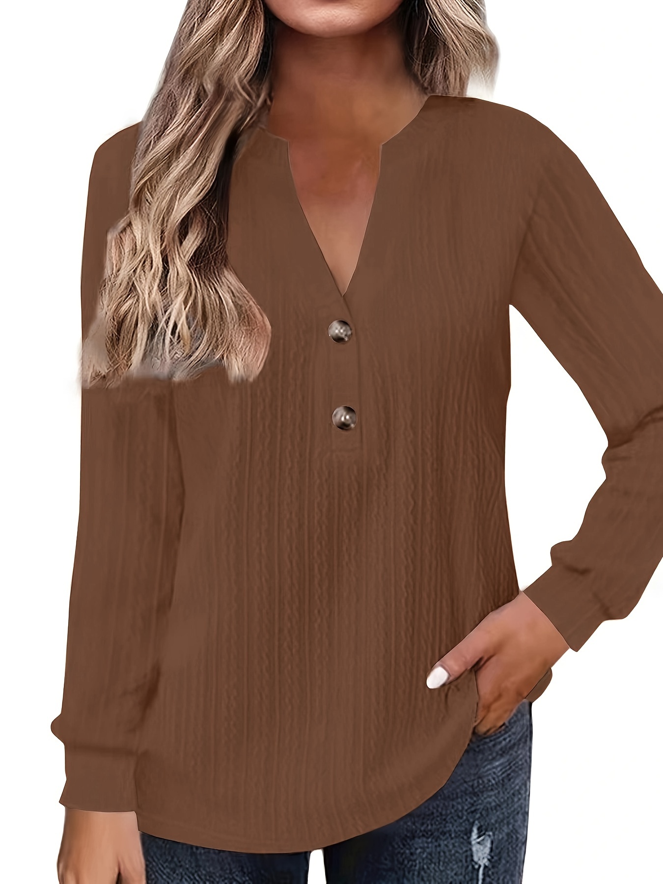 plus size casual top womens plus solid cable long sleeve button decor v neck slight stretch top details 9