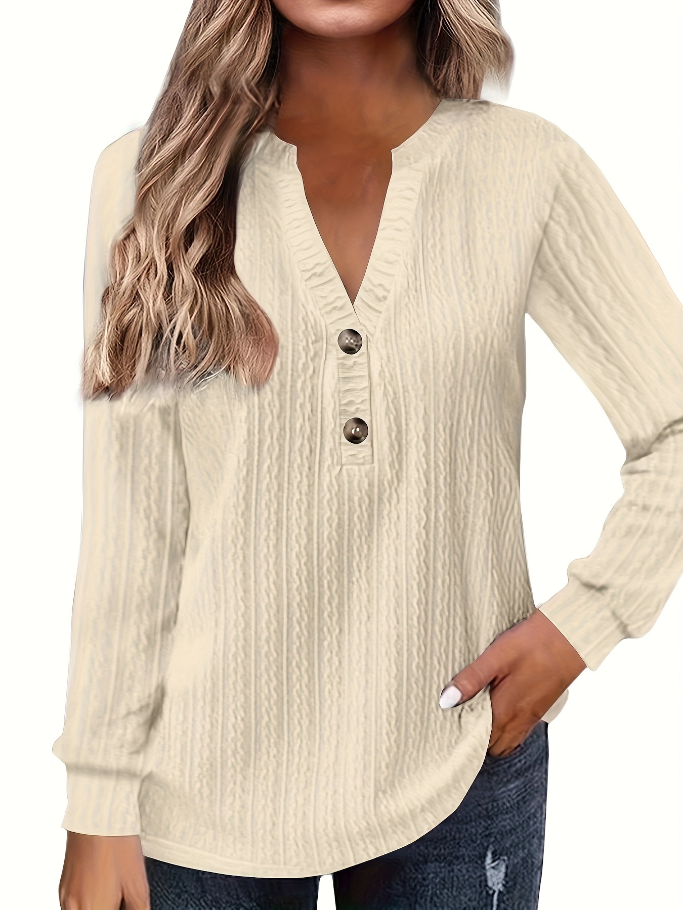 plus size casual top womens plus solid cable long sleeve button decor v neck slight stretch top details 12