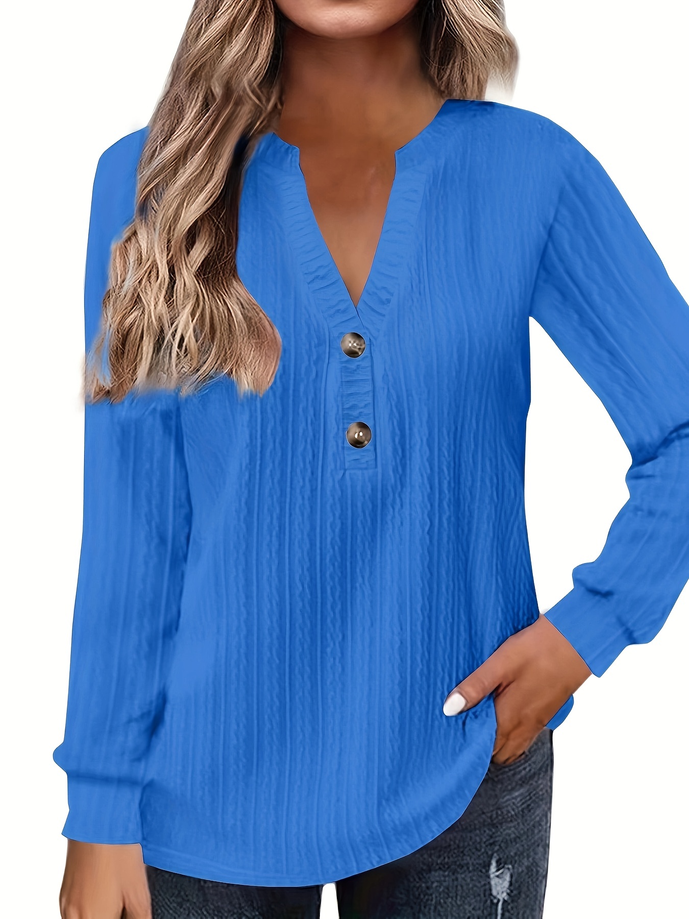 plus size casual top womens plus solid cable long sleeve button decor v neck slight stretch top details 15