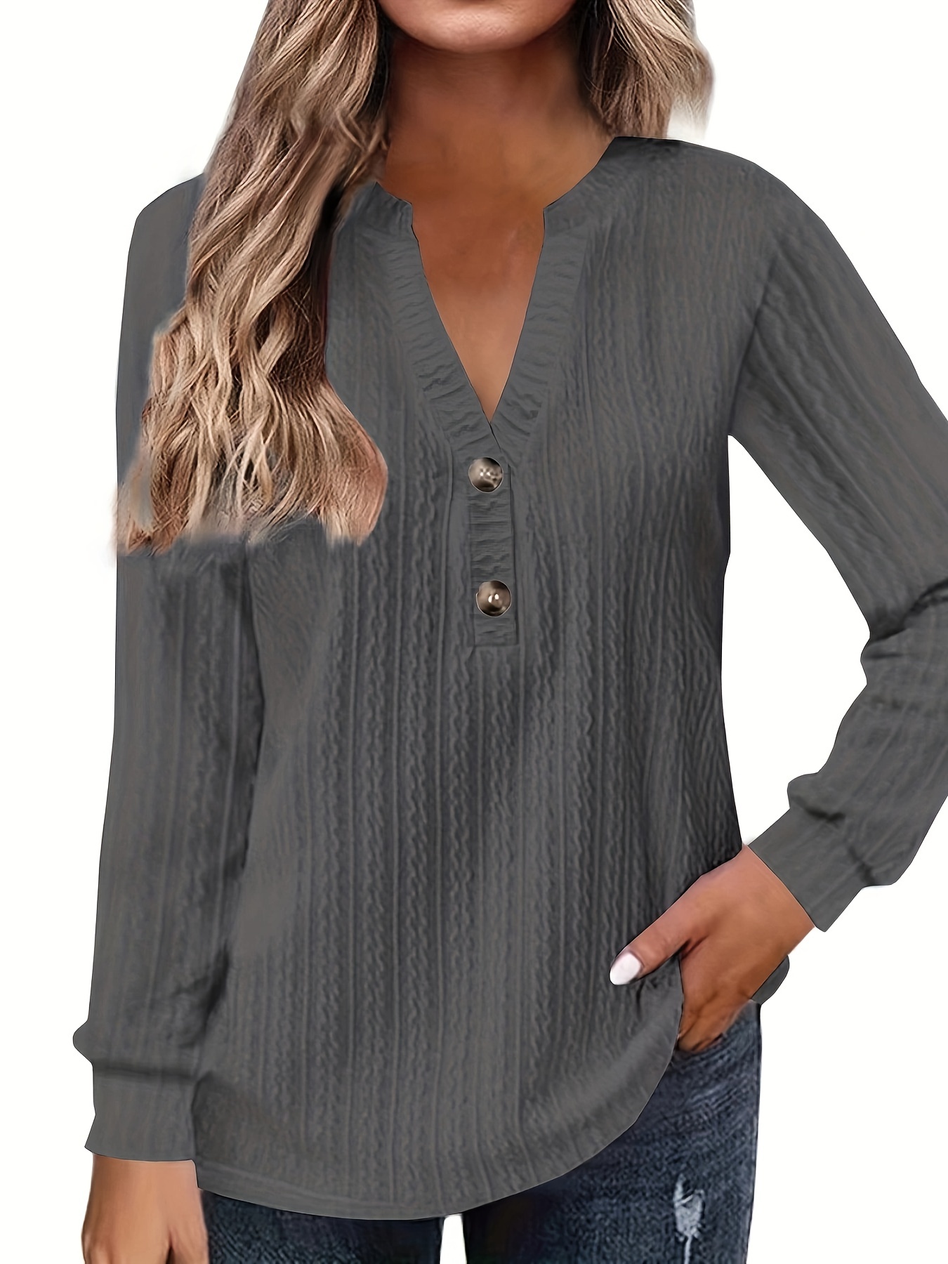 plus size casual top womens plus solid cable long sleeve button decor v neck slight stretch top details 18