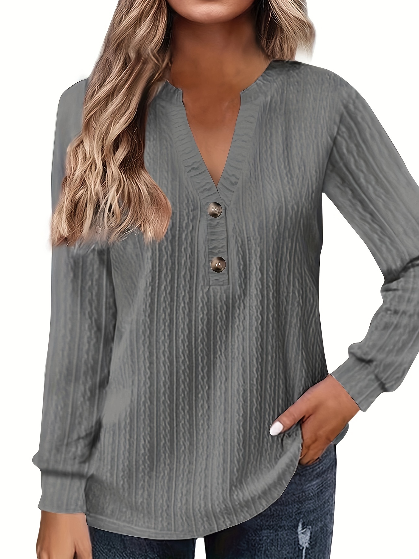 plus size casual top womens plus solid cable long sleeve button decor v neck slight stretch top details 21