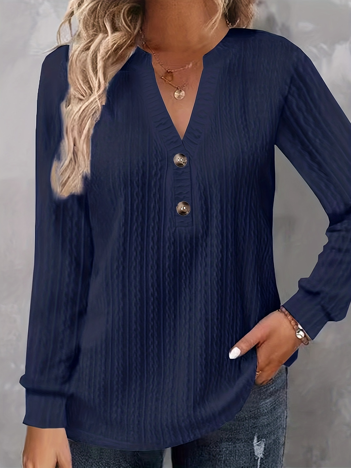 plus size casual top womens plus solid cable long sleeve button decor v neck slight stretch top details 24