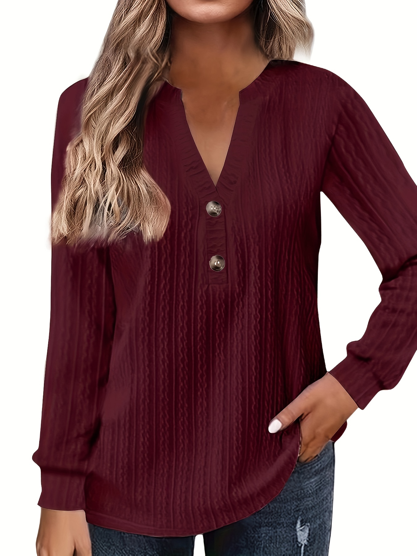 plus size casual top womens plus solid cable long sleeve button decor v neck slight stretch top details 27