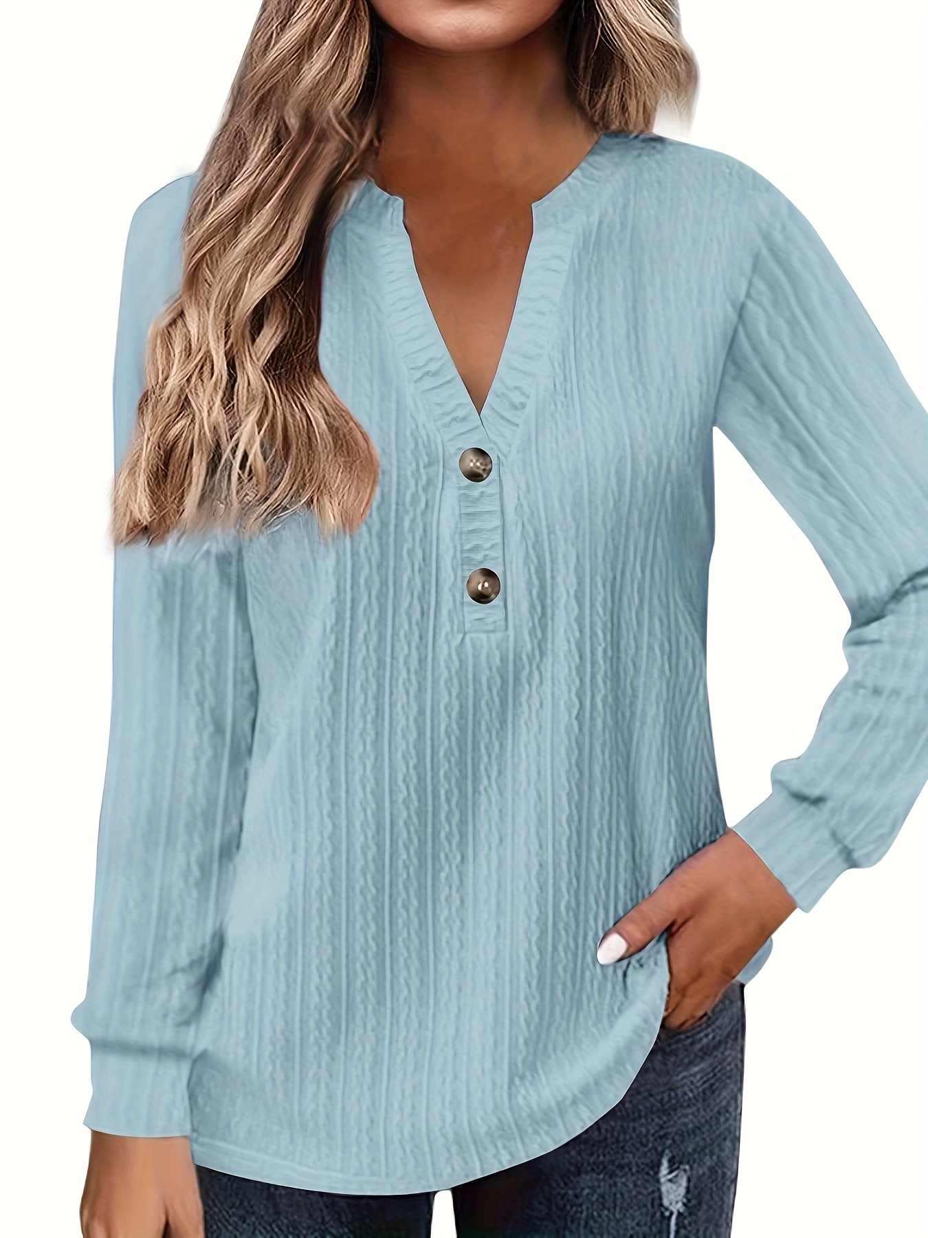 plus size casual top womens plus solid cable long sleeve button decor v neck slight stretch top details 33