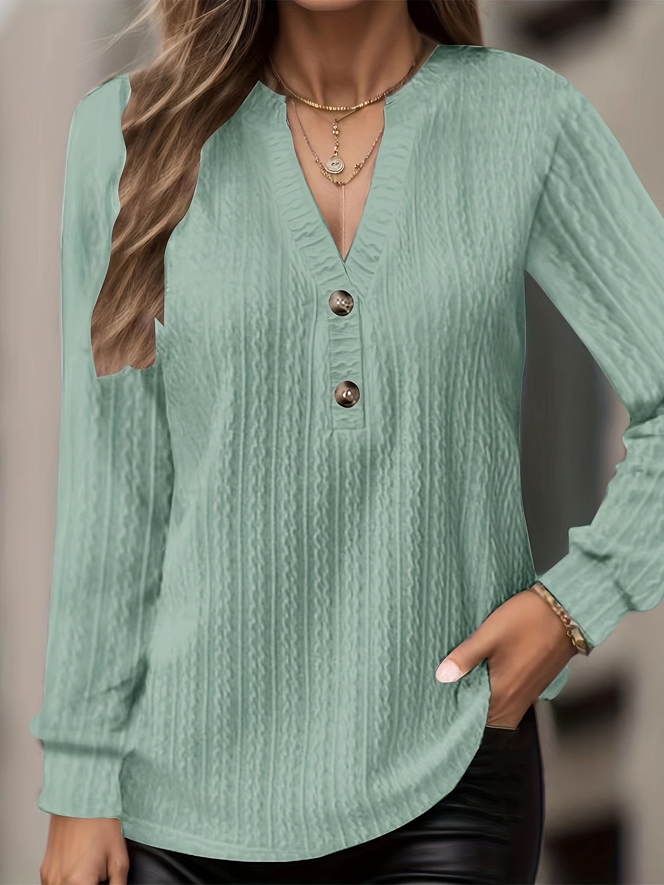 plus size casual top womens plus solid cable long sleeve button decor v neck slight stretch top details 36