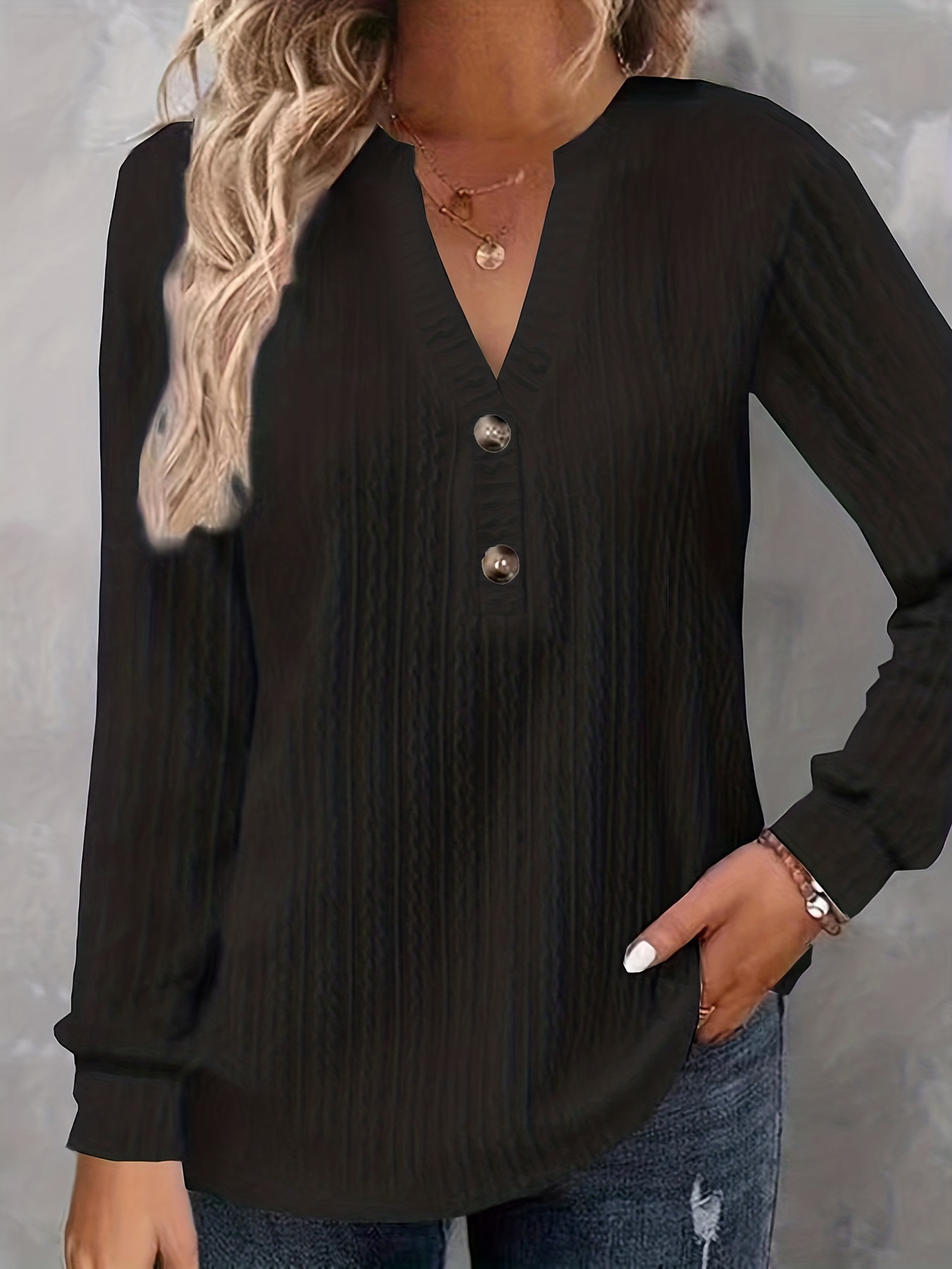 plus size casual top womens plus solid cable long sleeve button decor v neck slight stretch top details 39