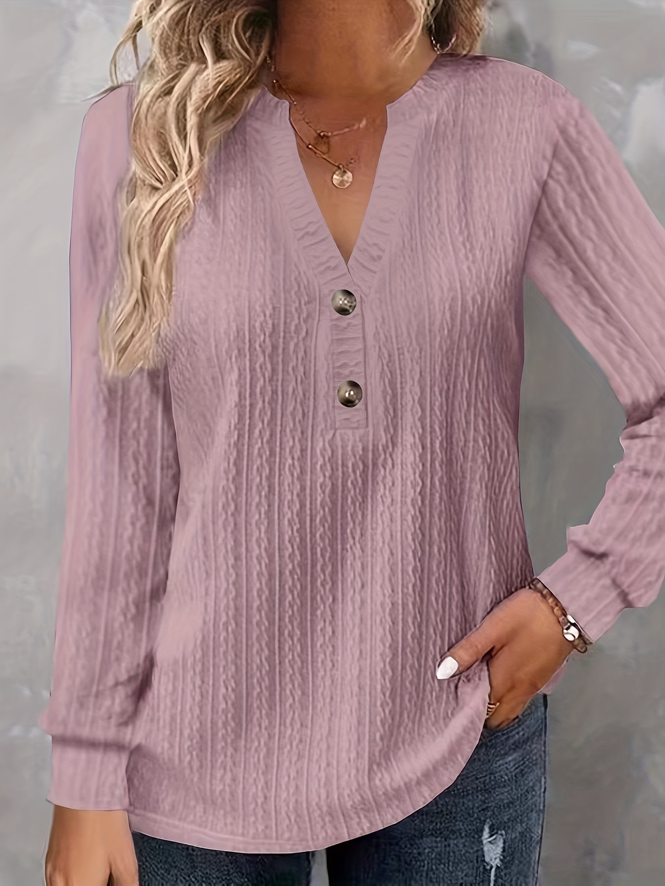 plus size casual top womens plus solid cable long sleeve button decor v neck slight stretch top details 42