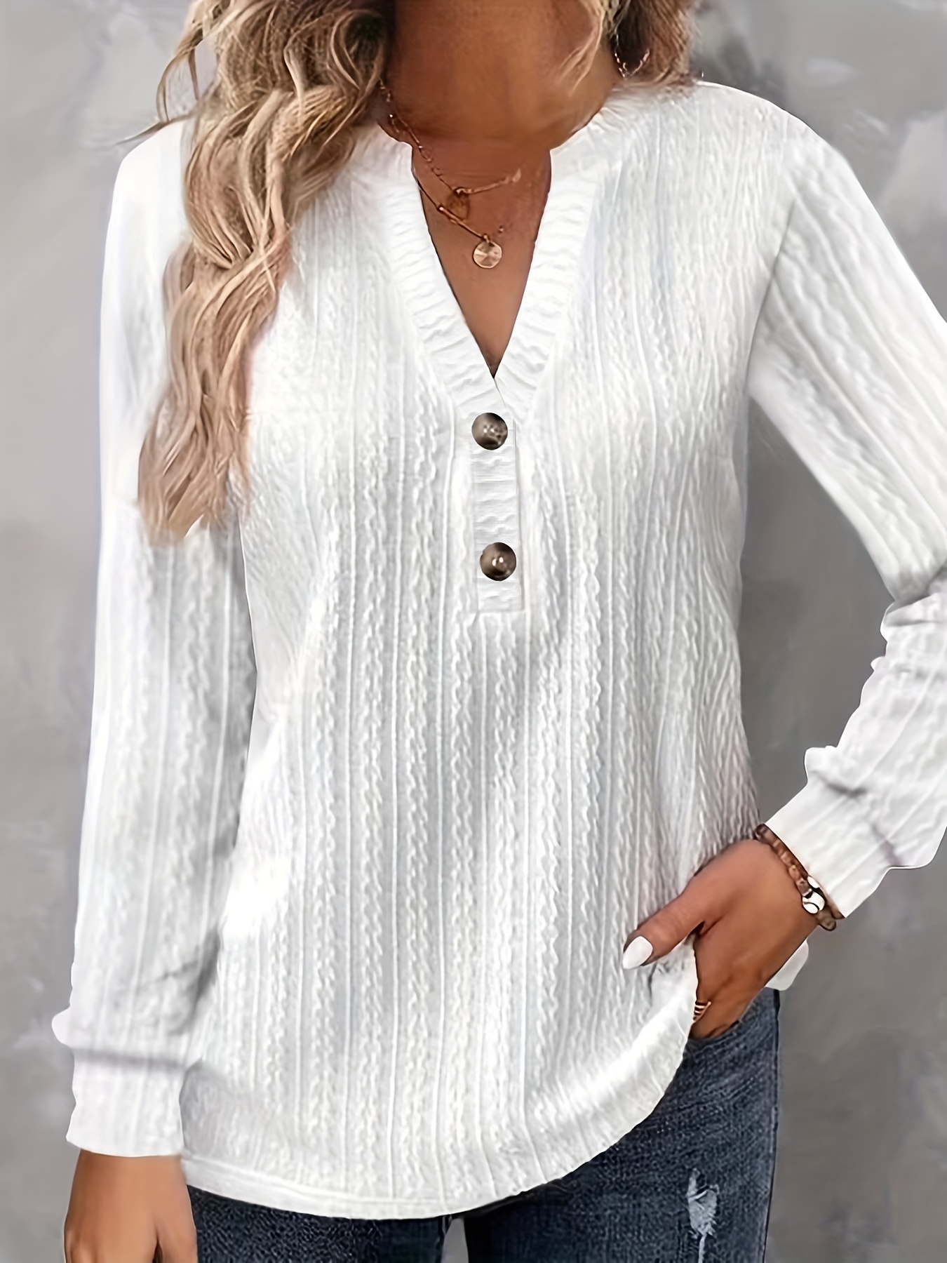 plus size casual top womens plus solid cable long sleeve button decor v neck slight stretch top details 49