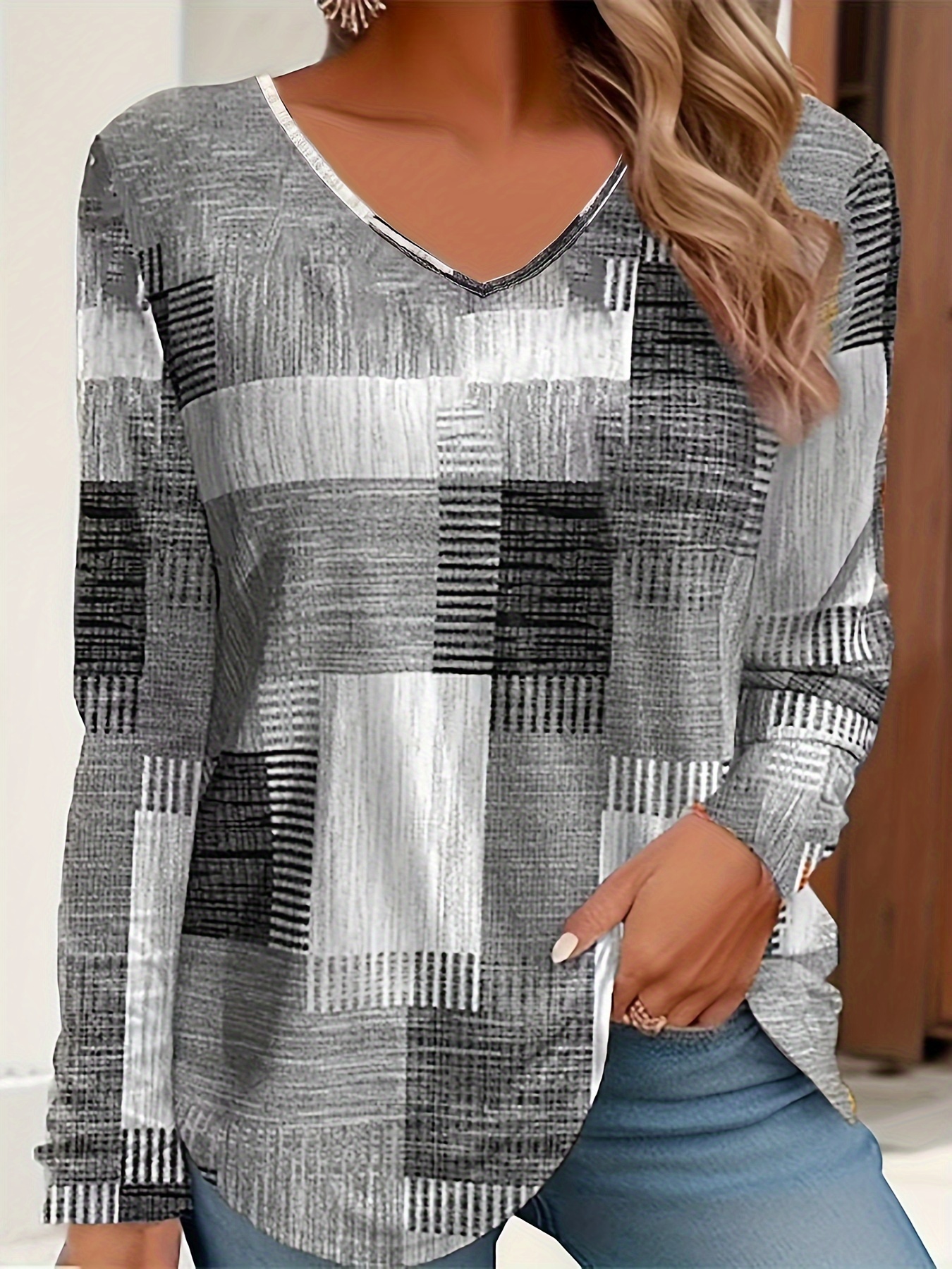 plus size casual t shirt womens plus   print long sleeve v neck medium stretch t shirt details 12