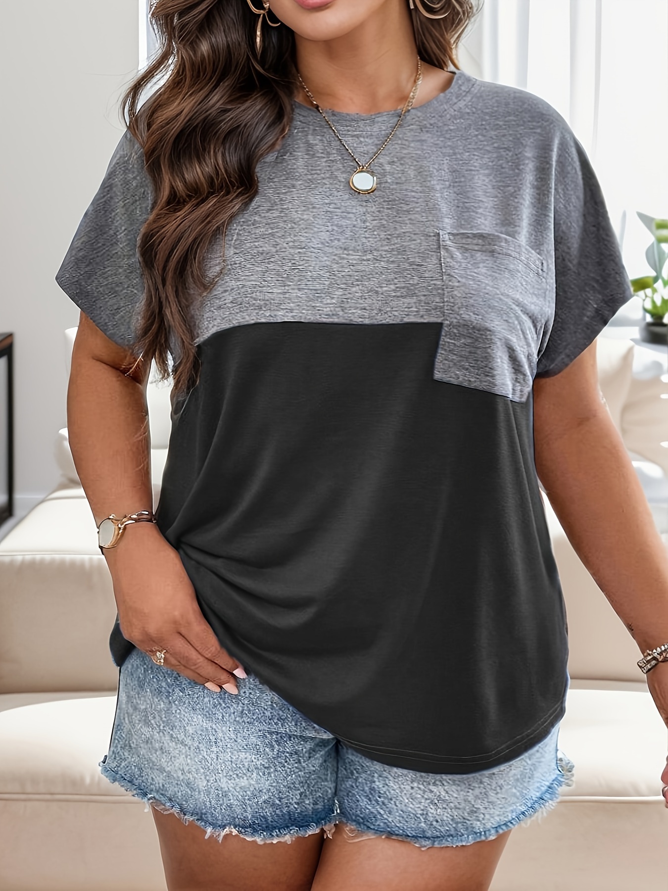 plus size colorblock pocket t shirt casual short sleeve top for spring summer womens plus size clothing details 0