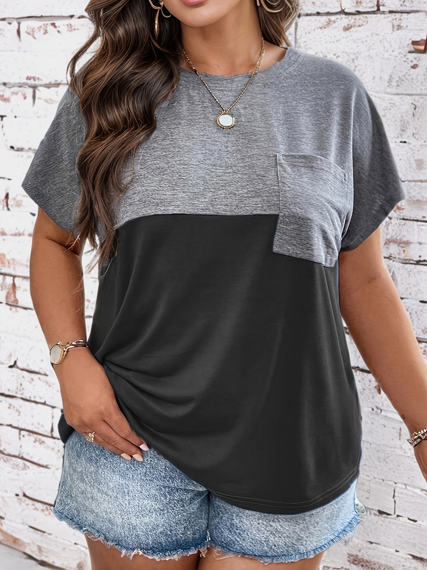 plus size colorblock pocket t shirt casual short sleeve top for spring summer womens plus size clothing details 3