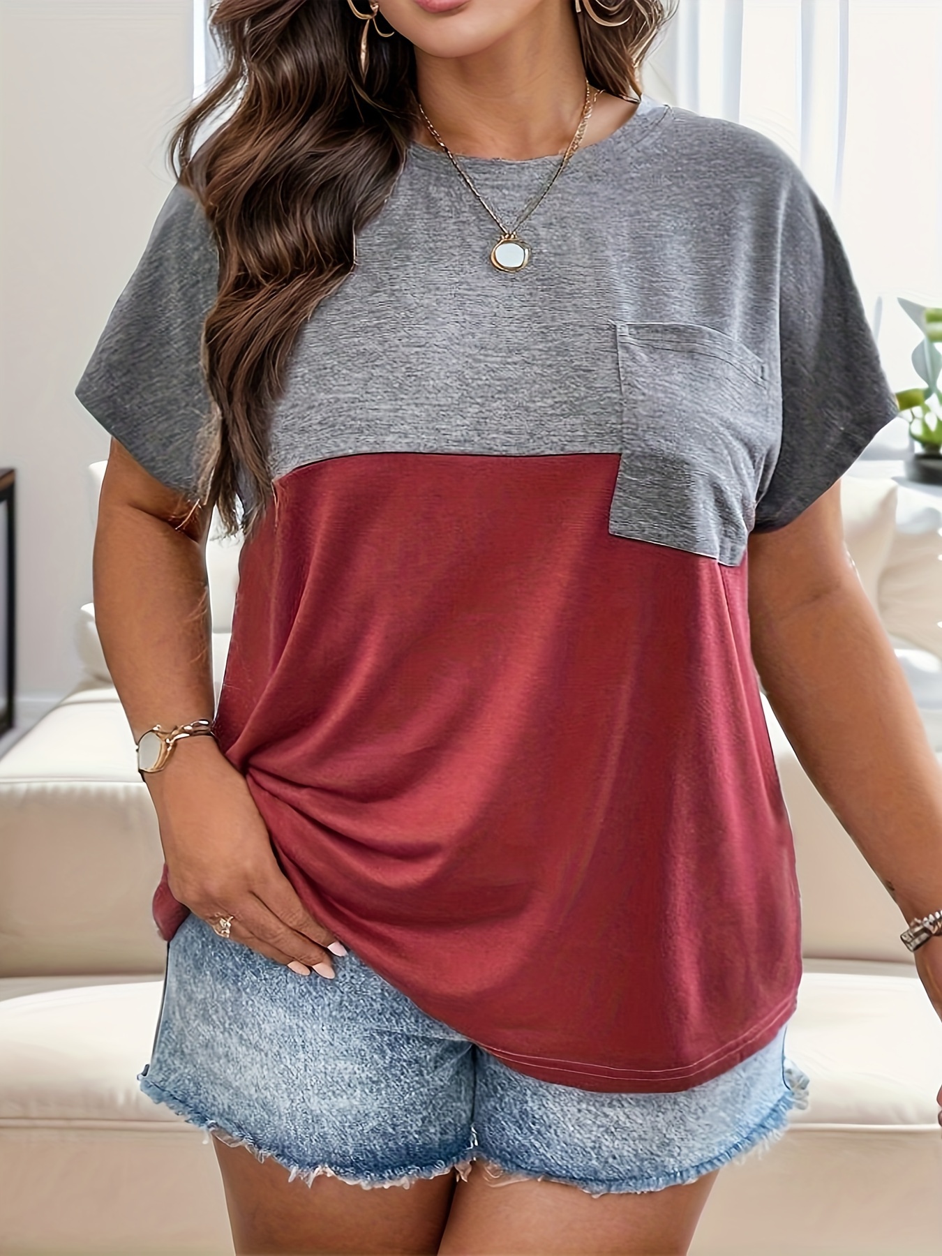 plus size colorblock pocket t shirt casual short sleeve top for spring summer womens plus size clothing details 4