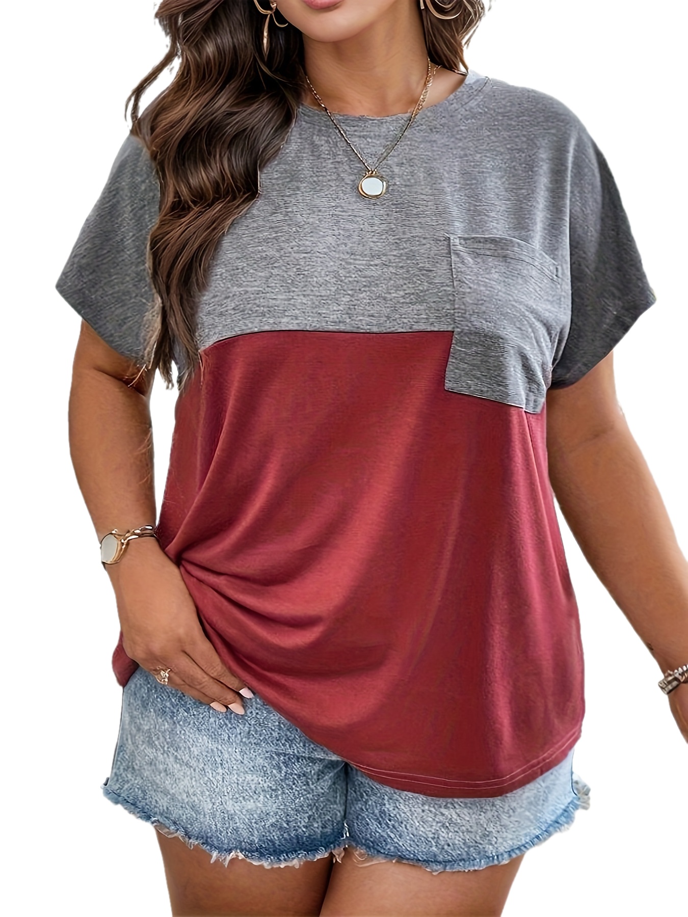 plus size colorblock pocket t shirt casual short sleeve top for spring summer womens plus size clothing details 5