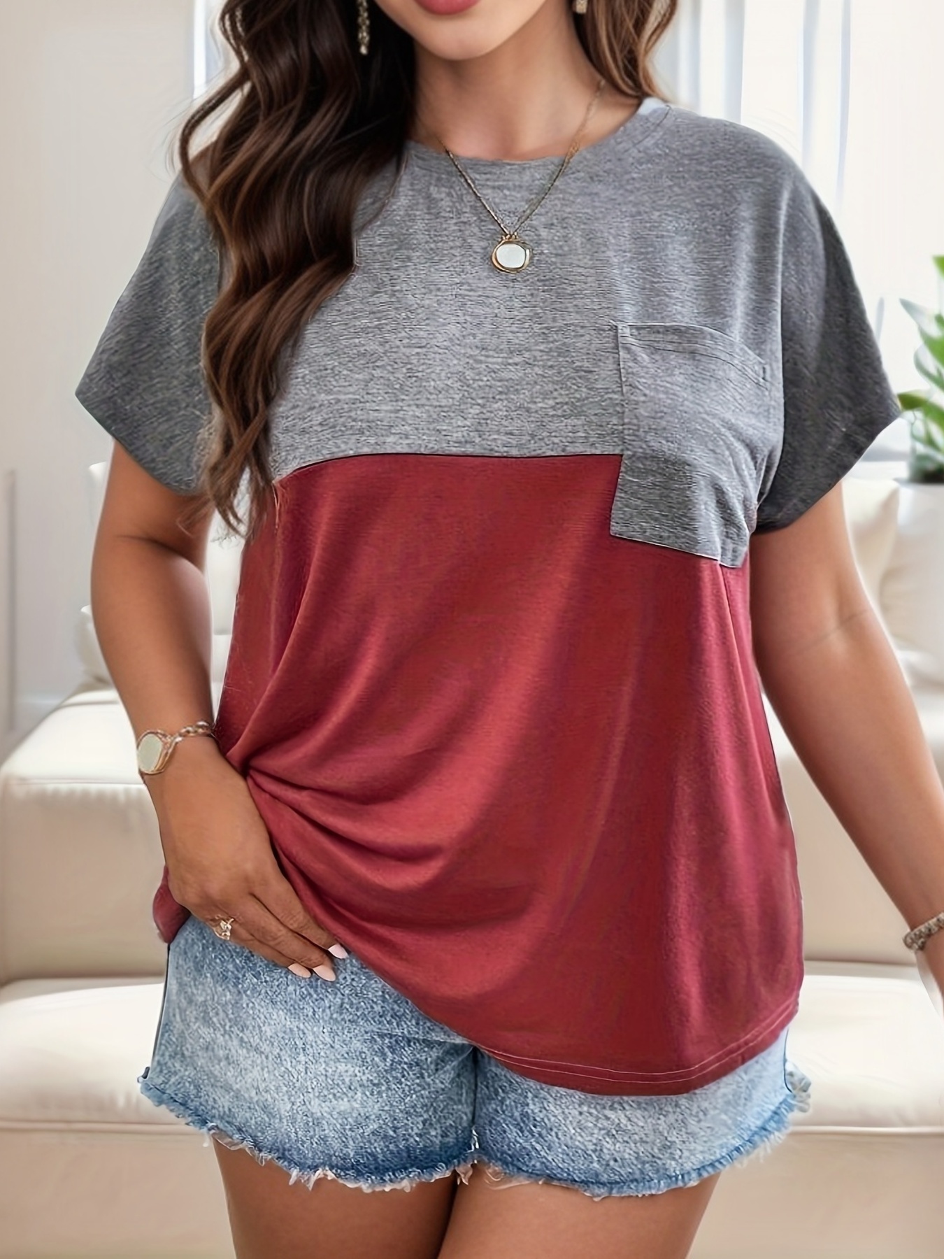 plus size colorblock pocket t shirt casual short sleeve top for spring summer womens plus size clothing details 6