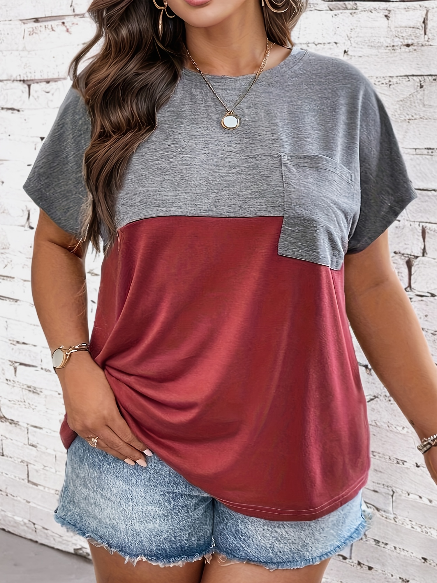 plus size colorblock pocket t shirt casual short sleeve top for spring summer womens plus size clothing details 9