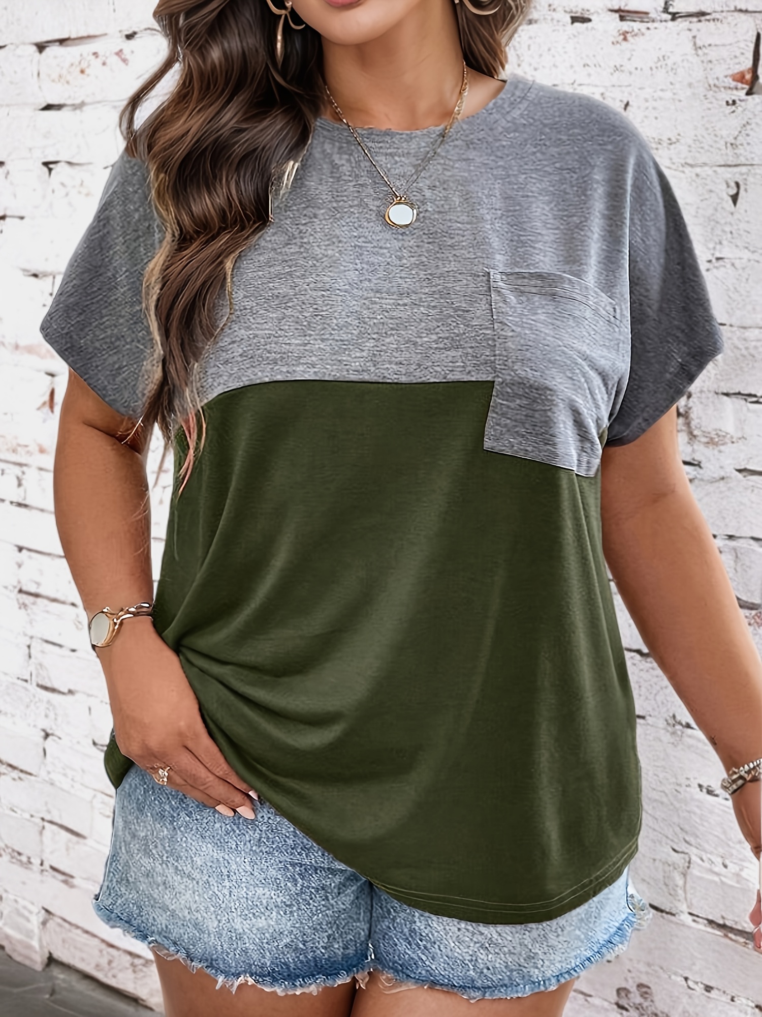 plus size colorblock pocket t shirt casual short sleeve top for spring summer womens plus size clothing details 14