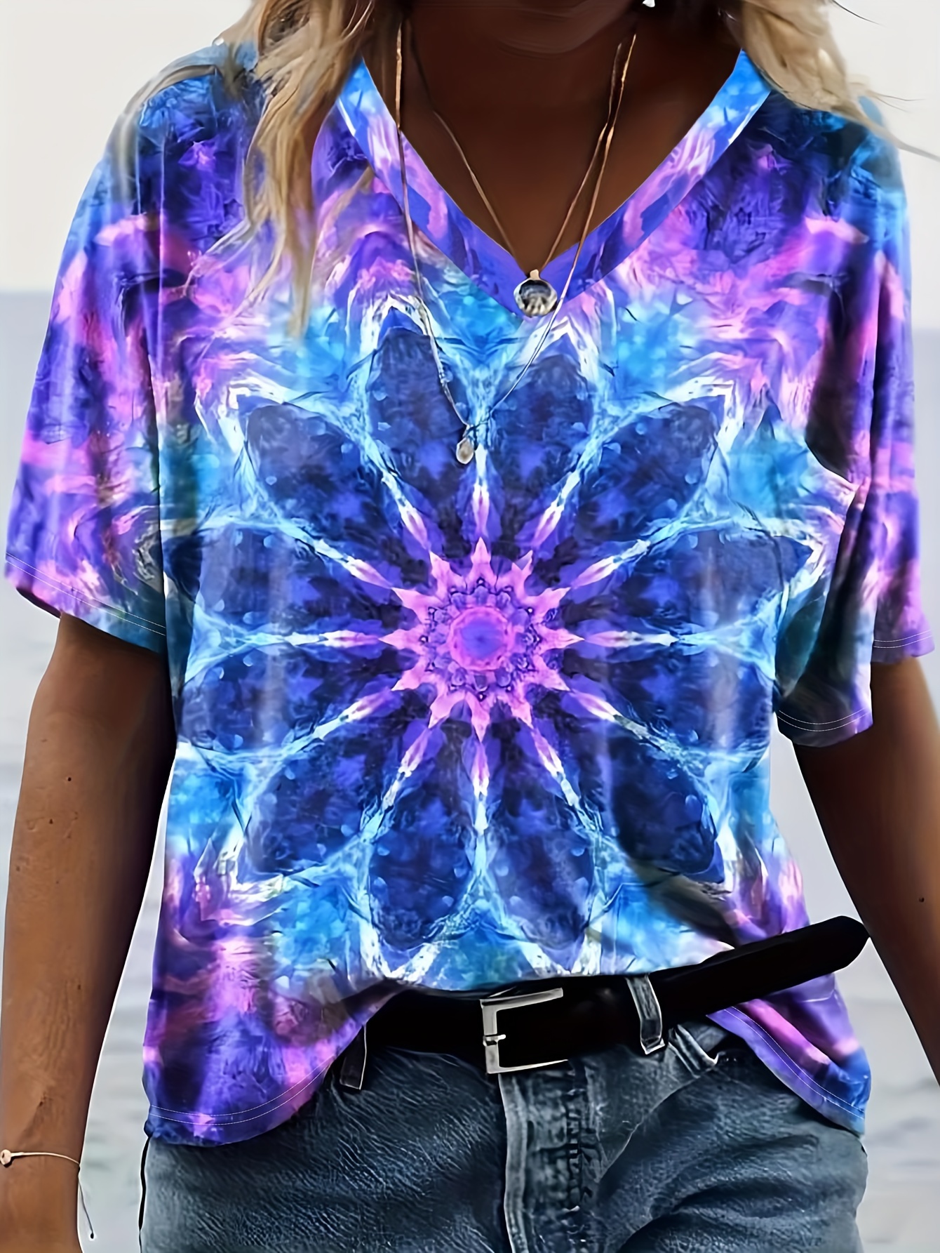 plus size tie dye floral print t shirt casual short sleeve v neck top for spring summer womens plus size clothing details 6