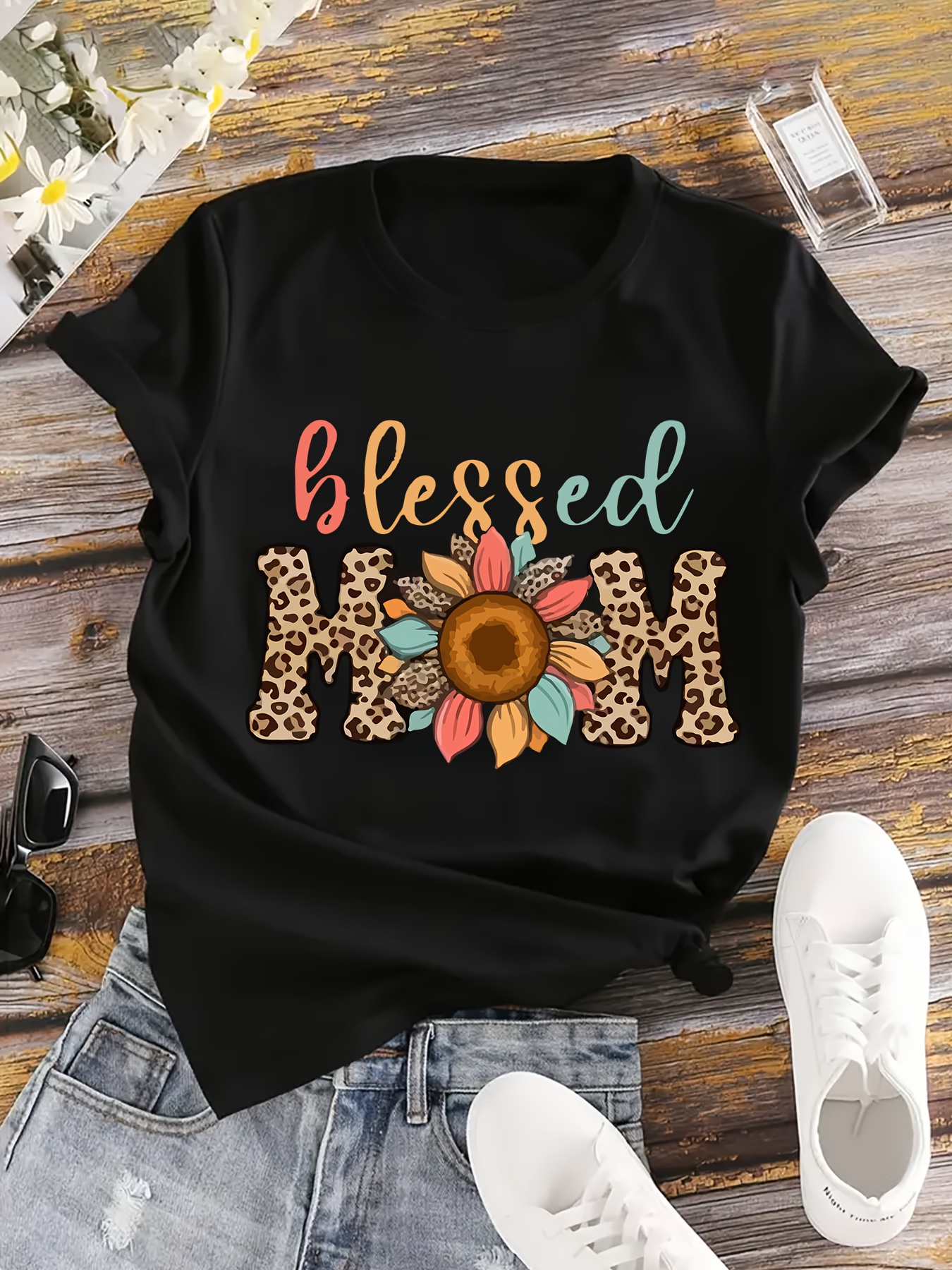 plus size flower leopard letter print t shirt casual short sleeve top for spring summer womens plus size clothing details 0