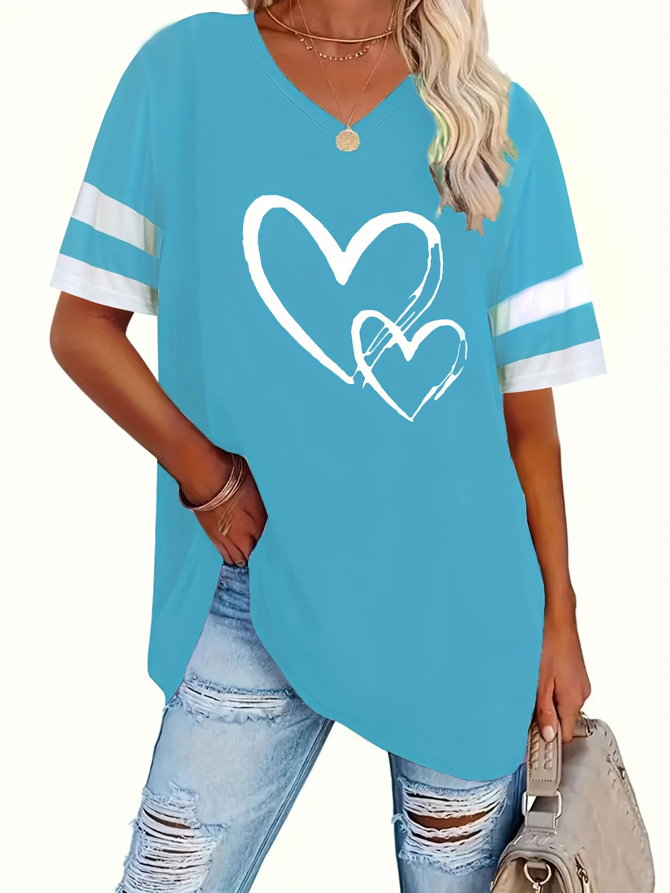 plus size heart print t shirt casual short sleeve top for spring summer womens plus size clothing details 0