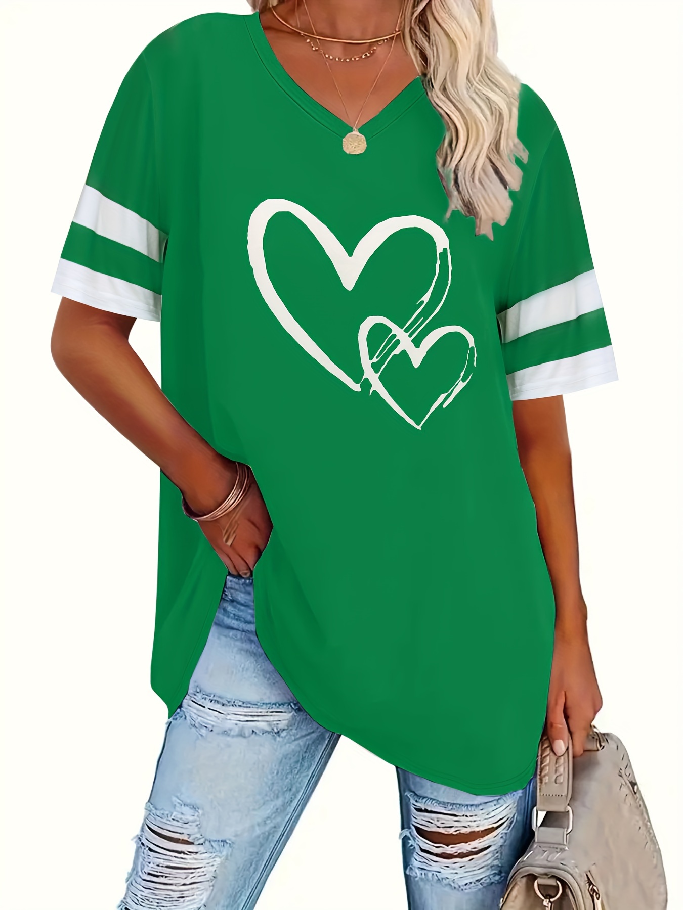 plus size heart print t shirt casual short sleeve top for spring summer womens plus size clothing details 4