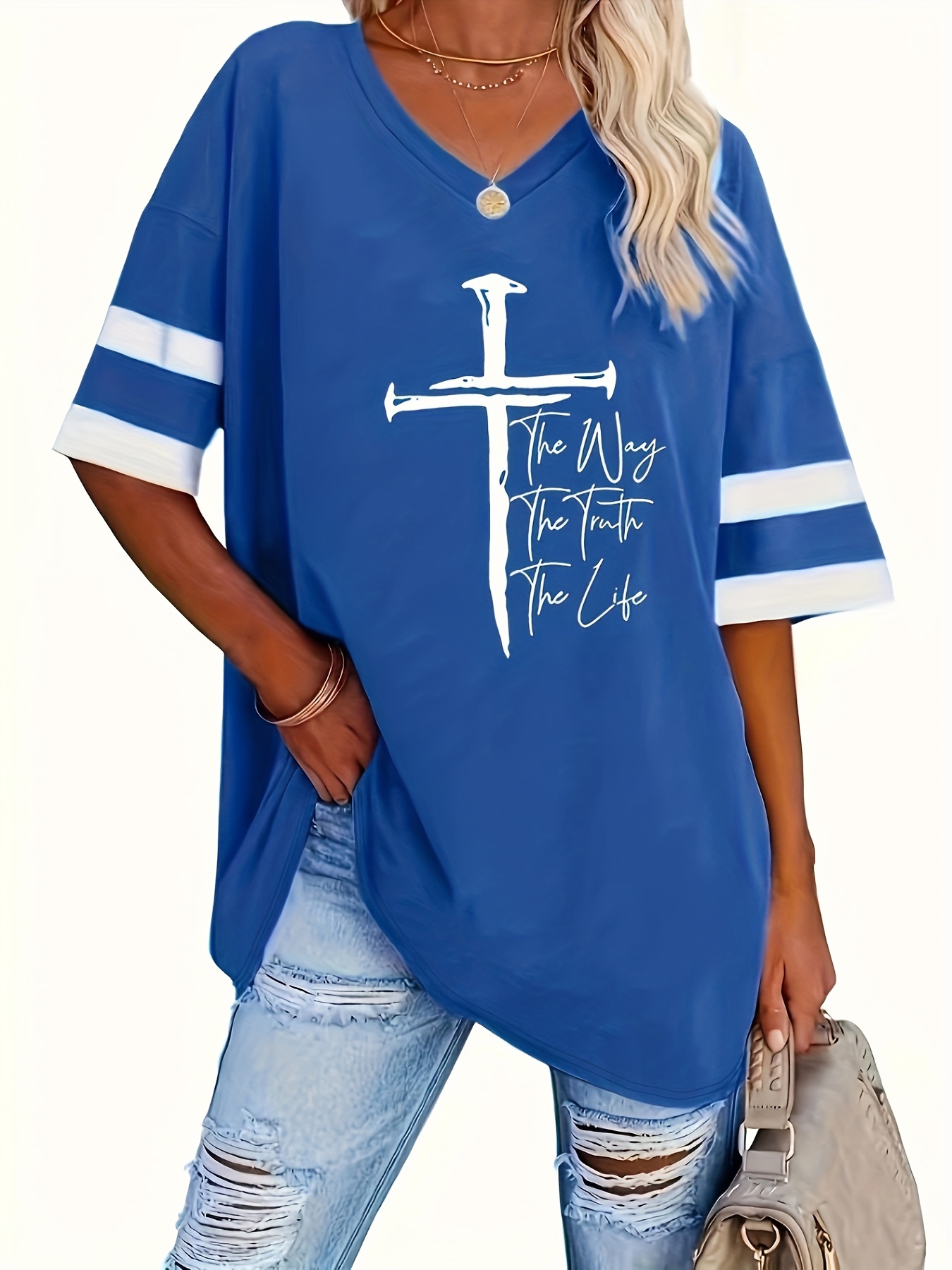 plus size cross letter print t shirt casual short sleeve top for spring summer womens plus size clothing details 0