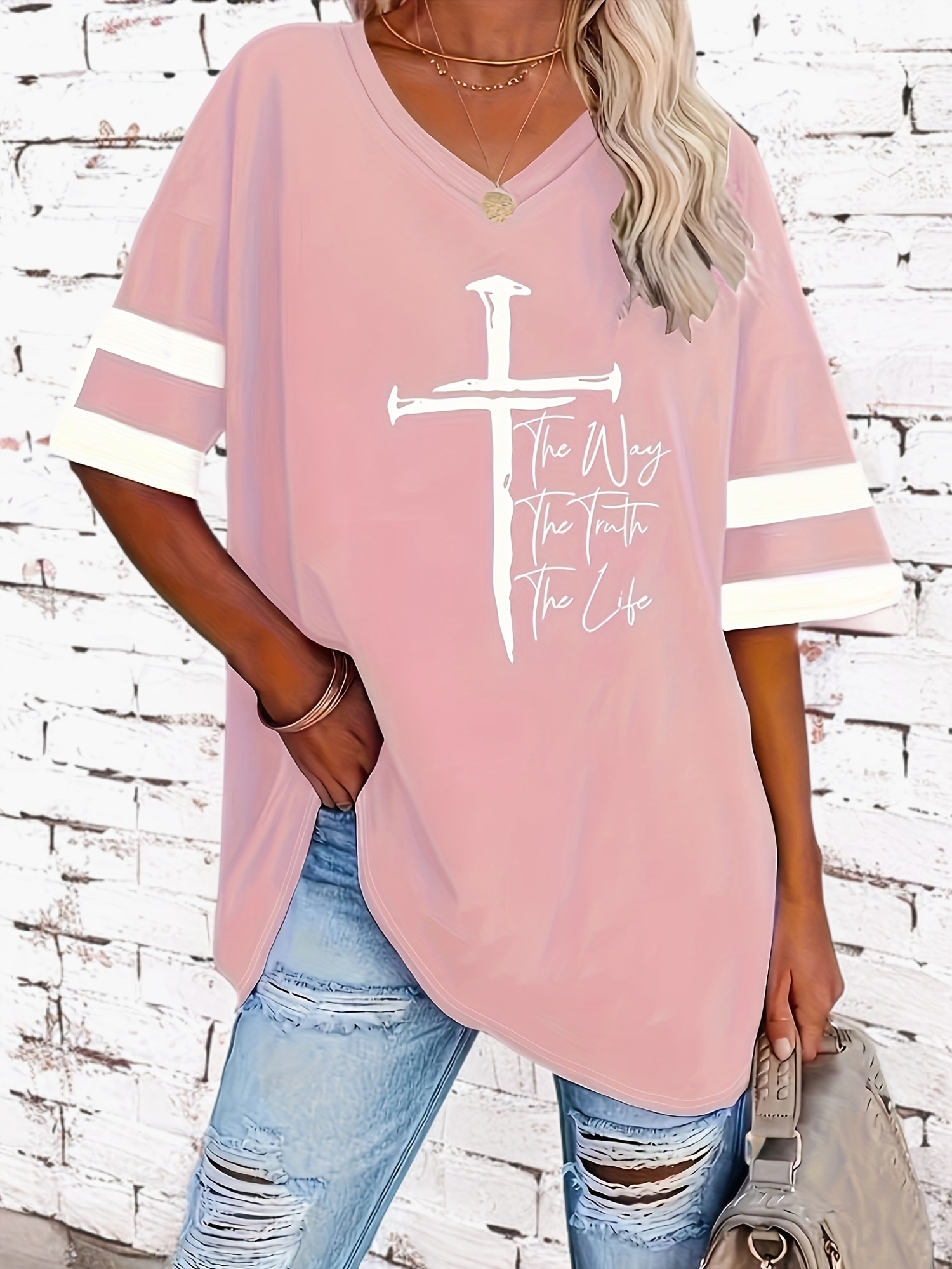 plus size cross letter print t shirt casual short sleeve top for spring summer womens plus size clothing details 11