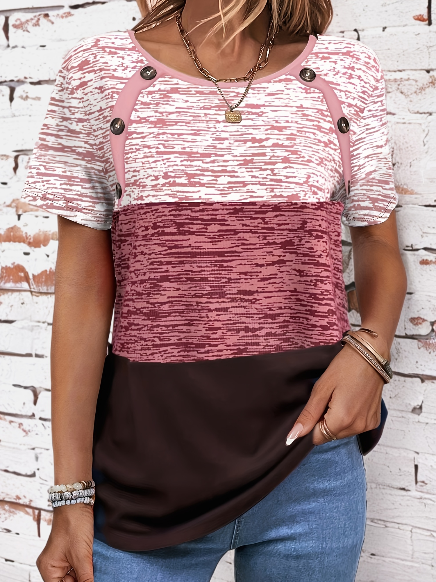 plus size colorblock button decor t shirt casual short sleeve top for spring summer womens plus size clothing details 8