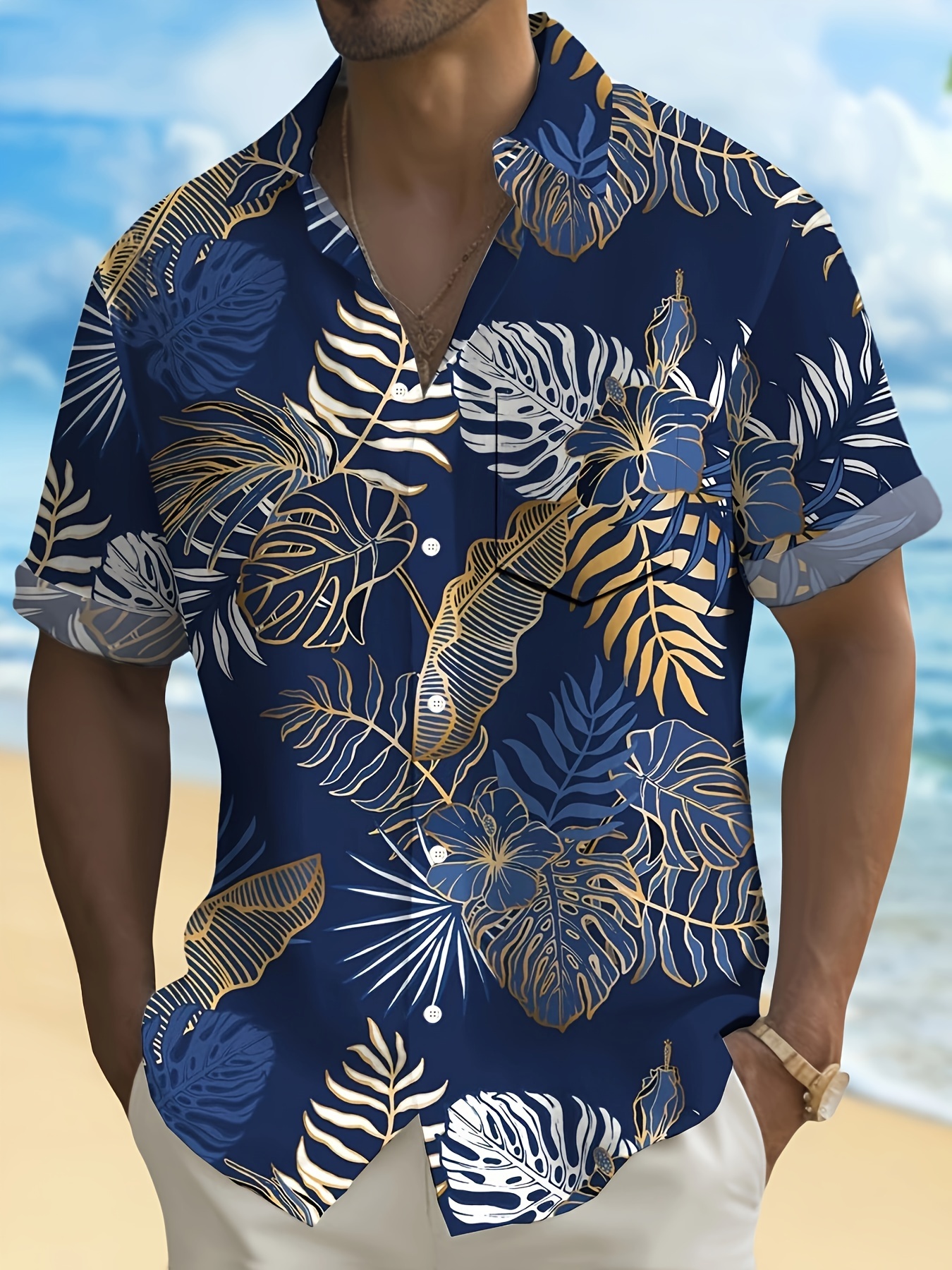 plus size mens hawaiian shirt with tropical floral print button up with pocket short sleeve casual summer vacation style details 1