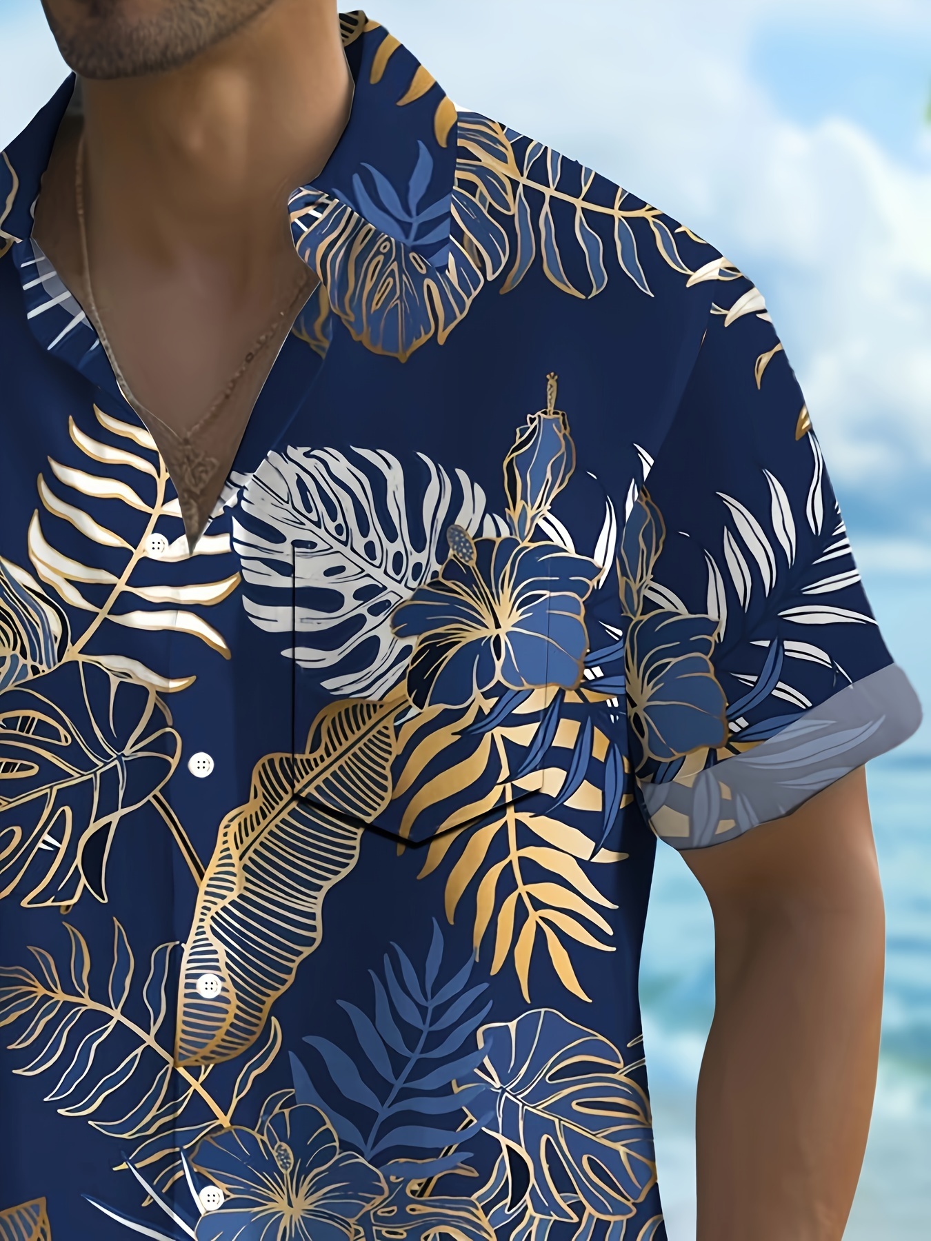 plus size mens hawaiian shirt with tropical floral print button up with pocket short sleeve casual summer vacation style details 2