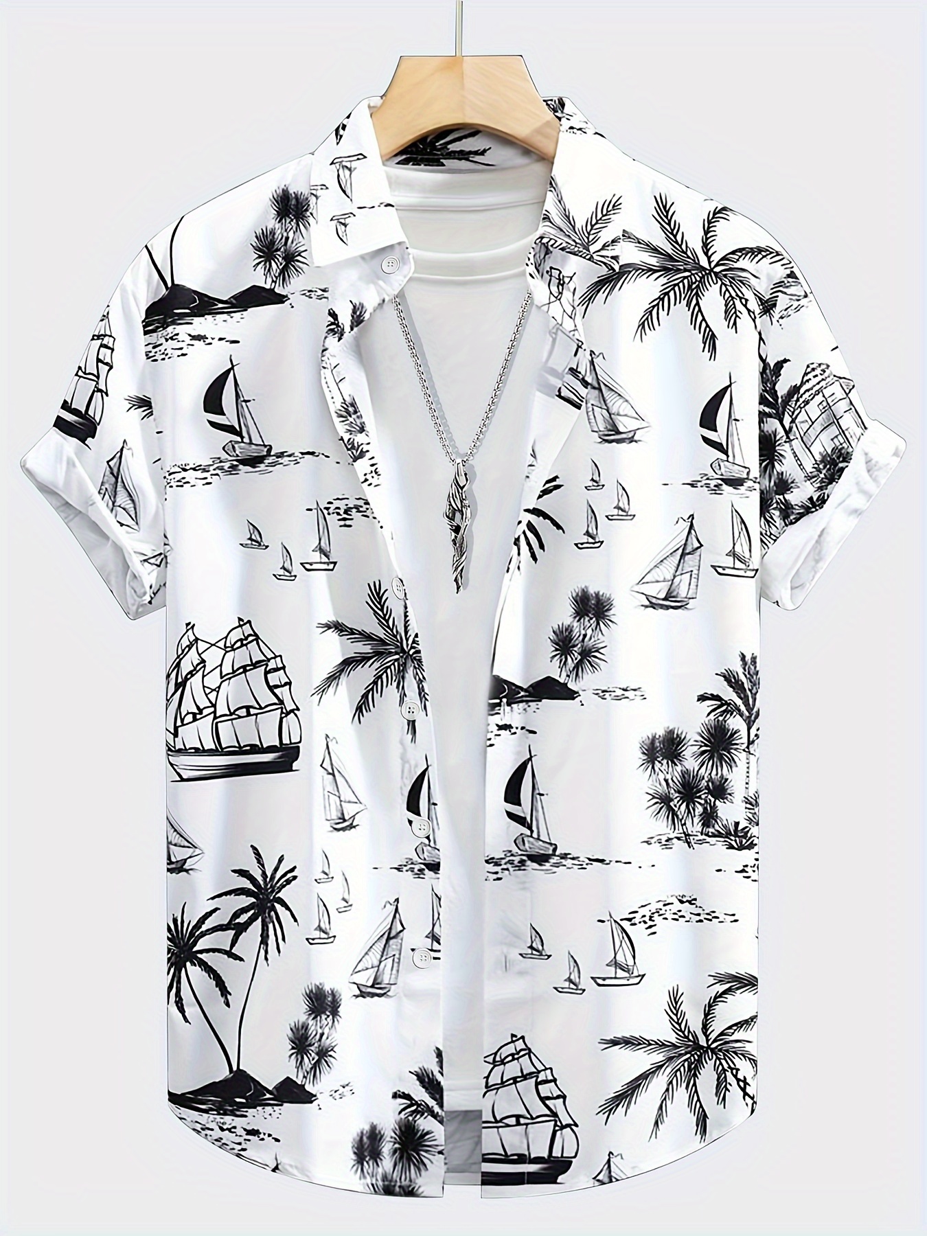 plus size mens boats print shirt casual lapel button up short sleeve shirt for outdoor activities details 21